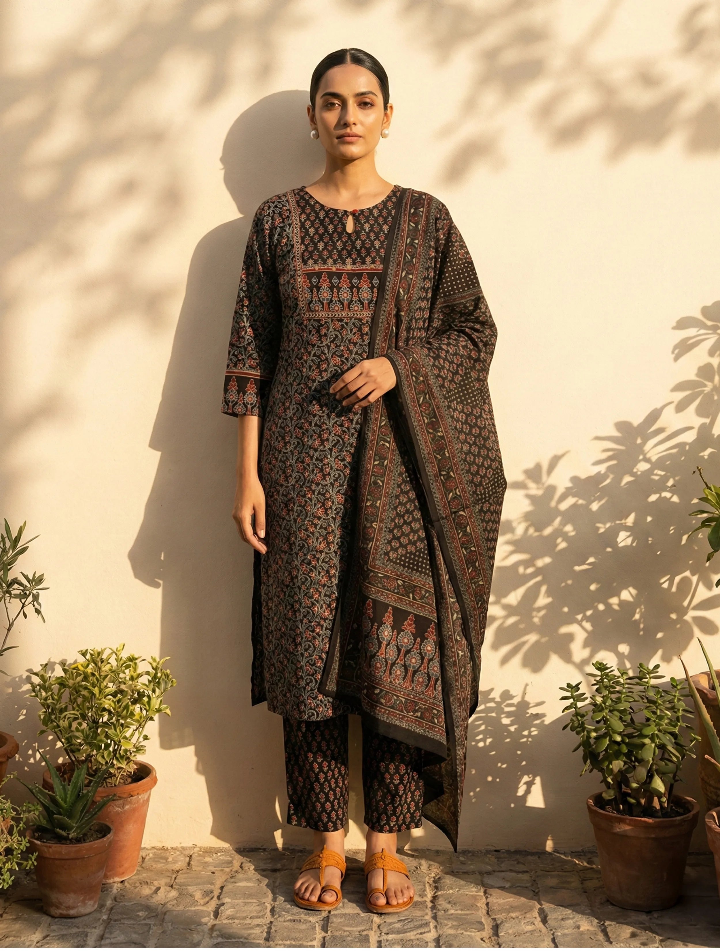 trueBrowns Black Floral Print Straight Kurta Pant Dupatta Set