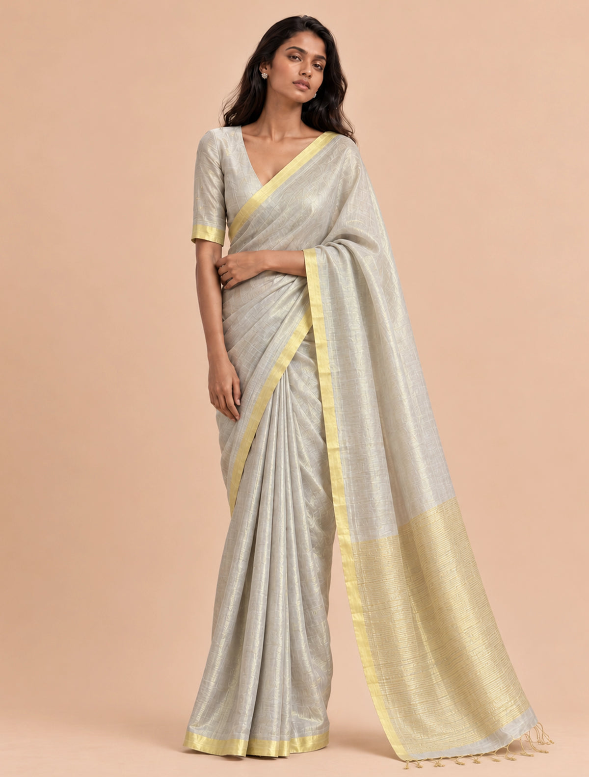 trueBrowns Grey Gold Tissue Silk Linen Handloom Saree With Unstitched Blouse