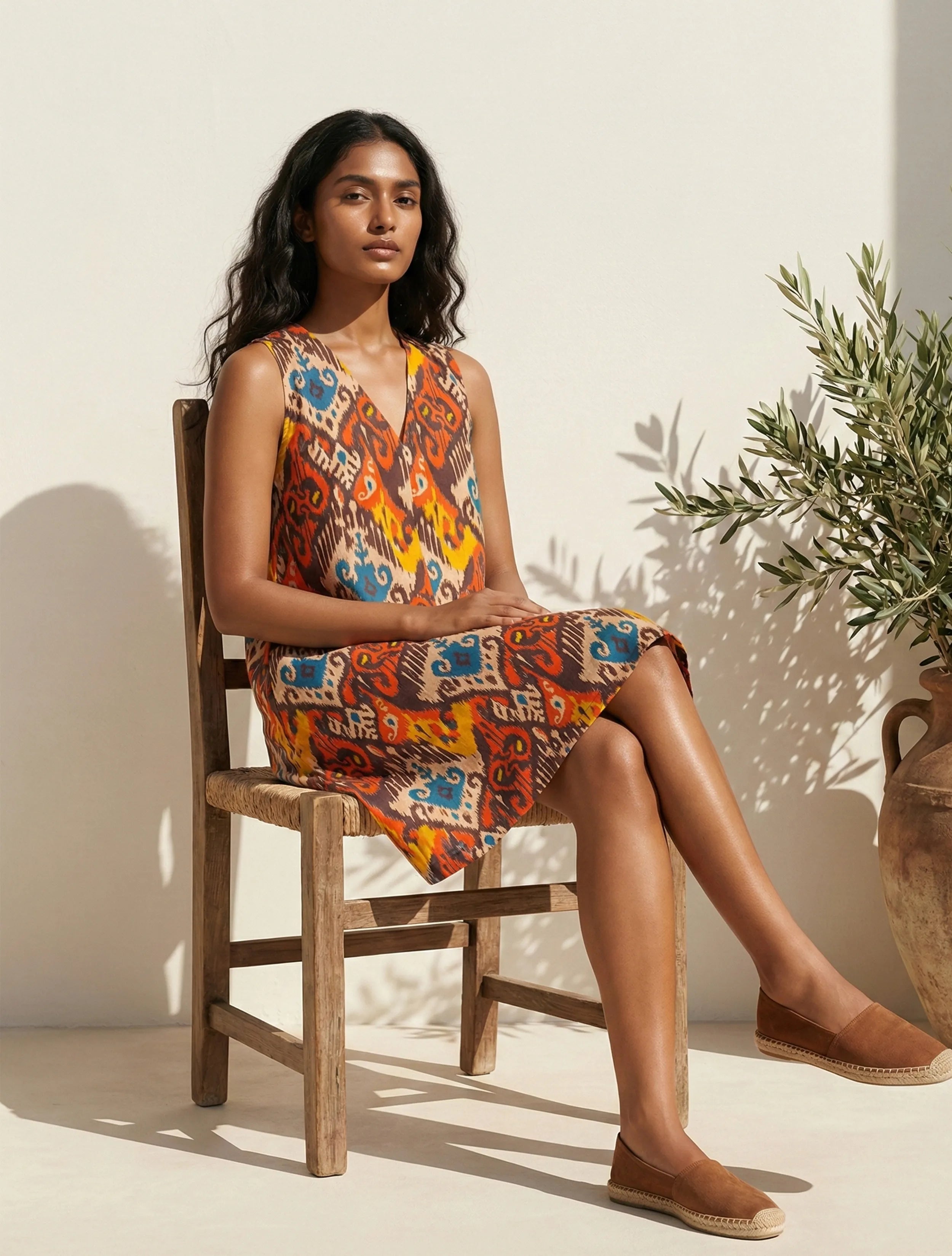 trueBrowns Multicolour Ikat Print Cotton Poplin Sleeveless Short Dress