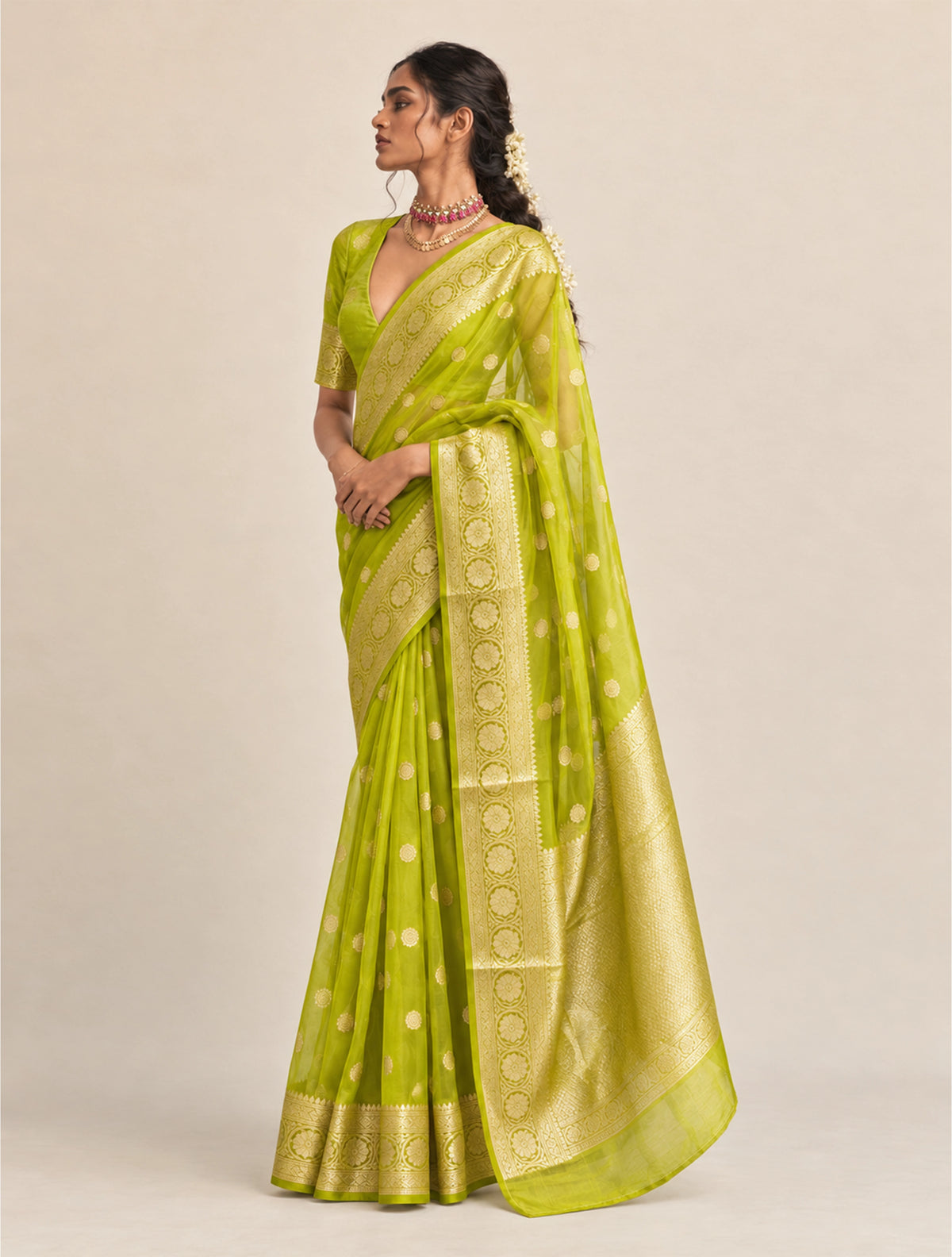 trueBrowns Green Weave Gold Boota Silk Organza Handloom Saree With Unstitched Blouse