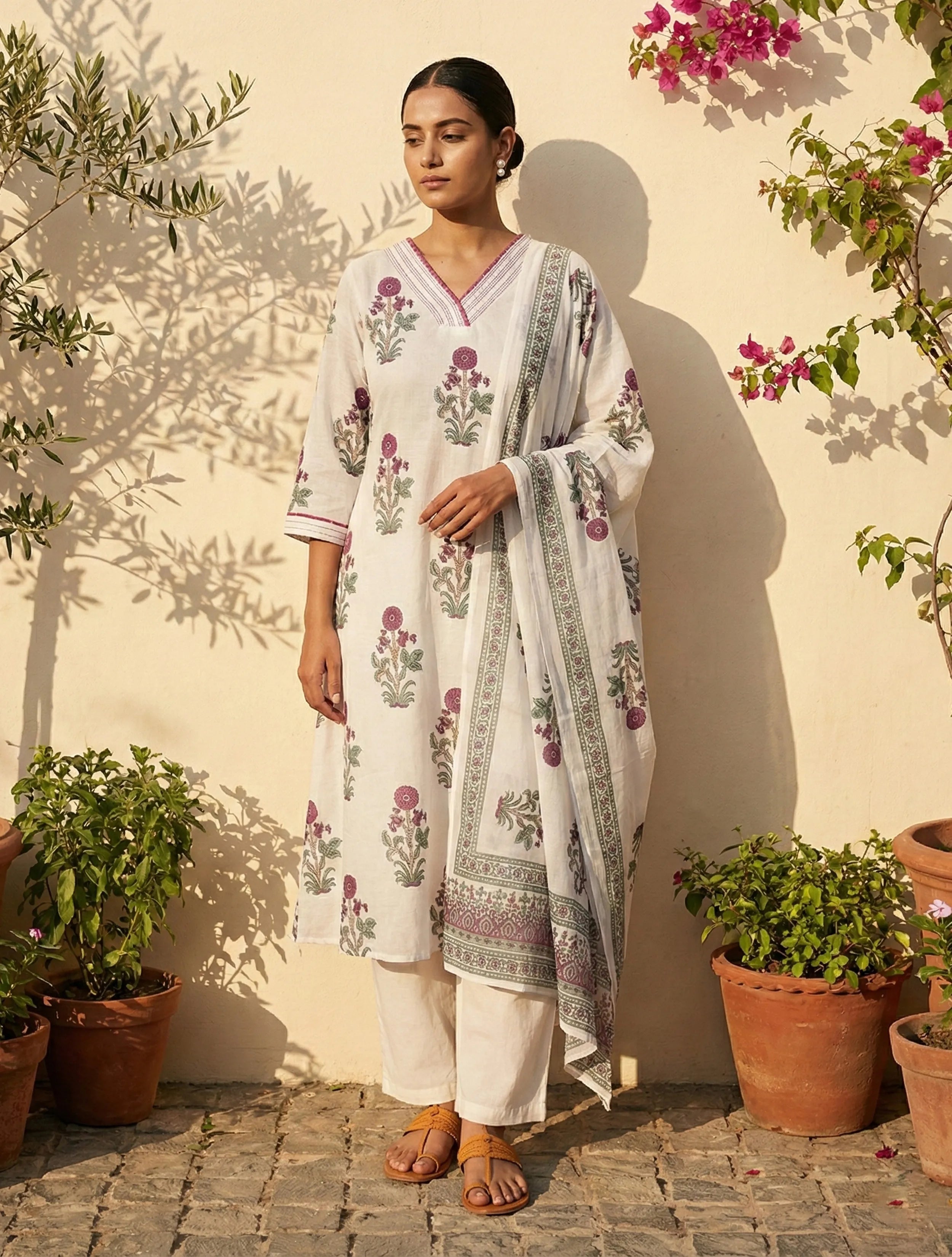 trueBrowns White Purple Print V-Neck Kurta Pant Dupatta Set