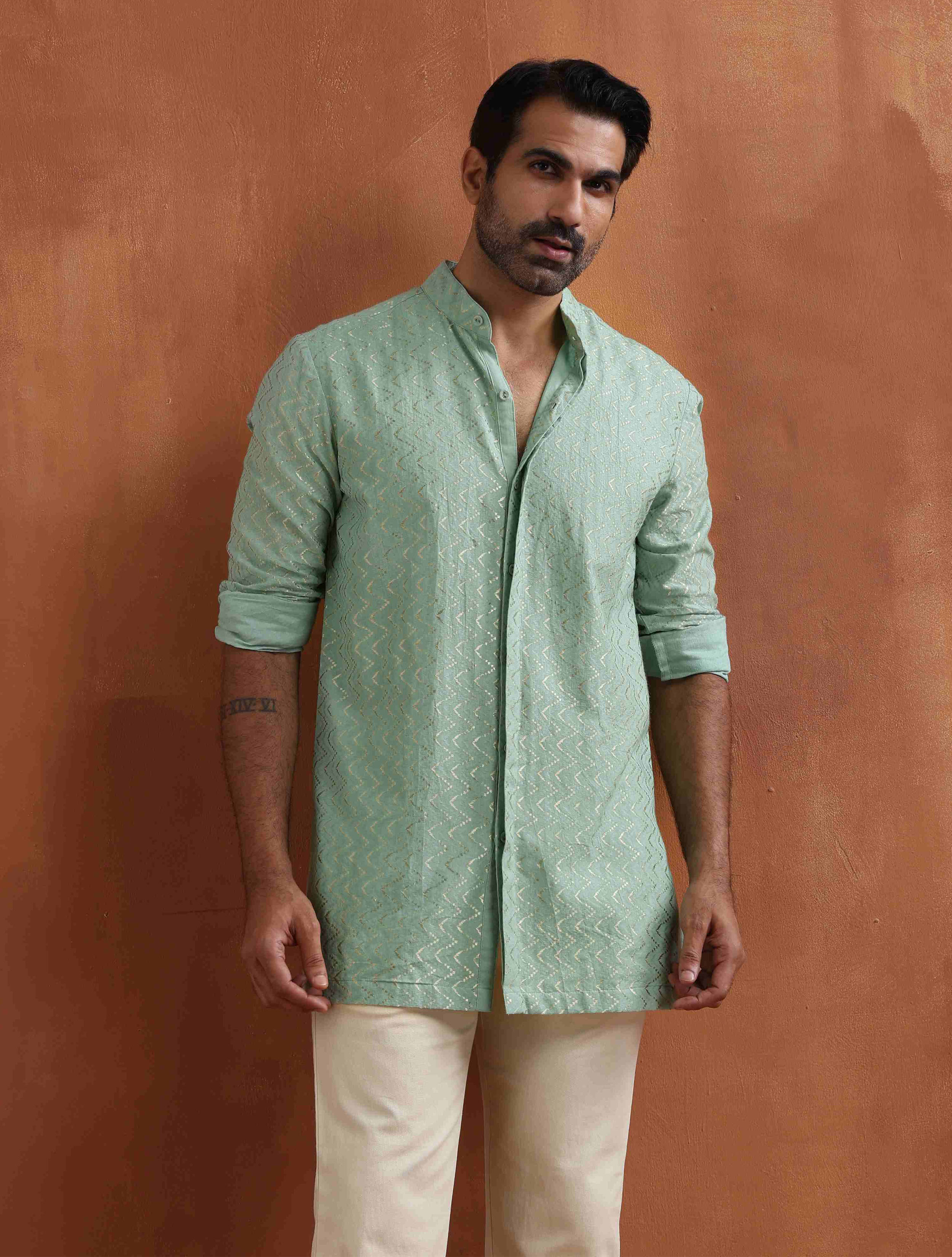 trueBrowns Men's Green Cotton Dobby Front Open Short Kurta