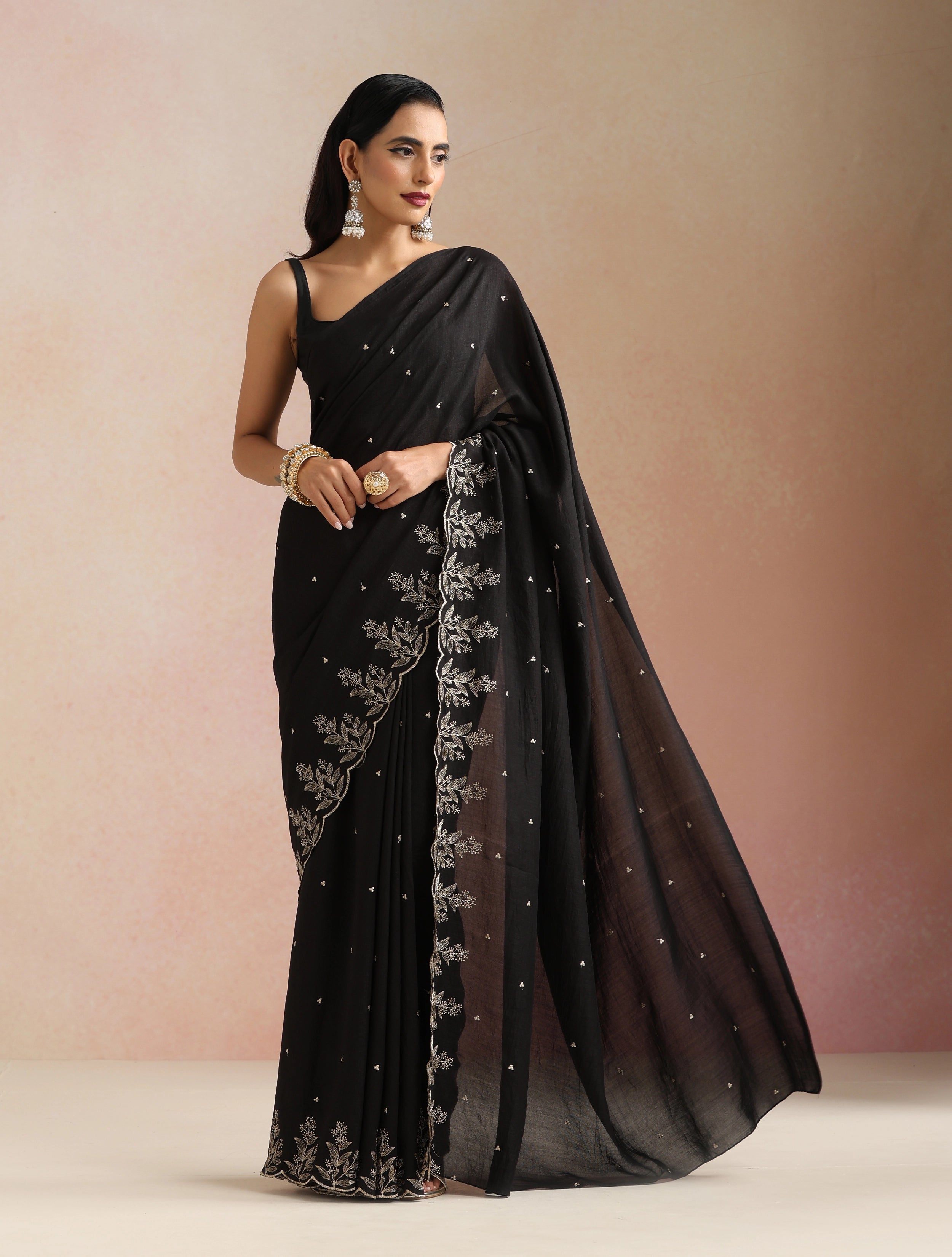 trueBrowns Black All Over Zari Embroidered Saree With Unstitched Blouse