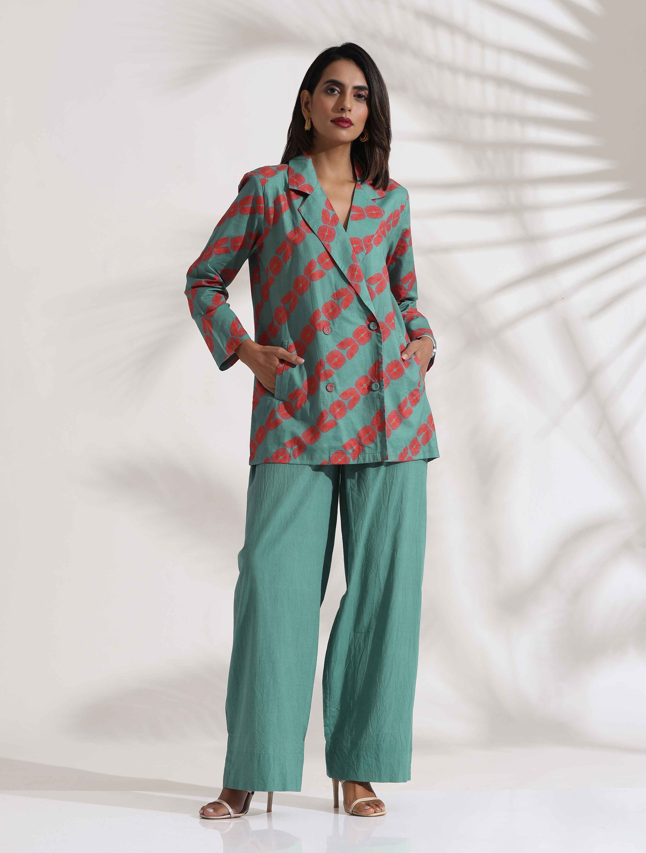 trueBrowns Green Cotton Print Jacket Top Co-ord Set