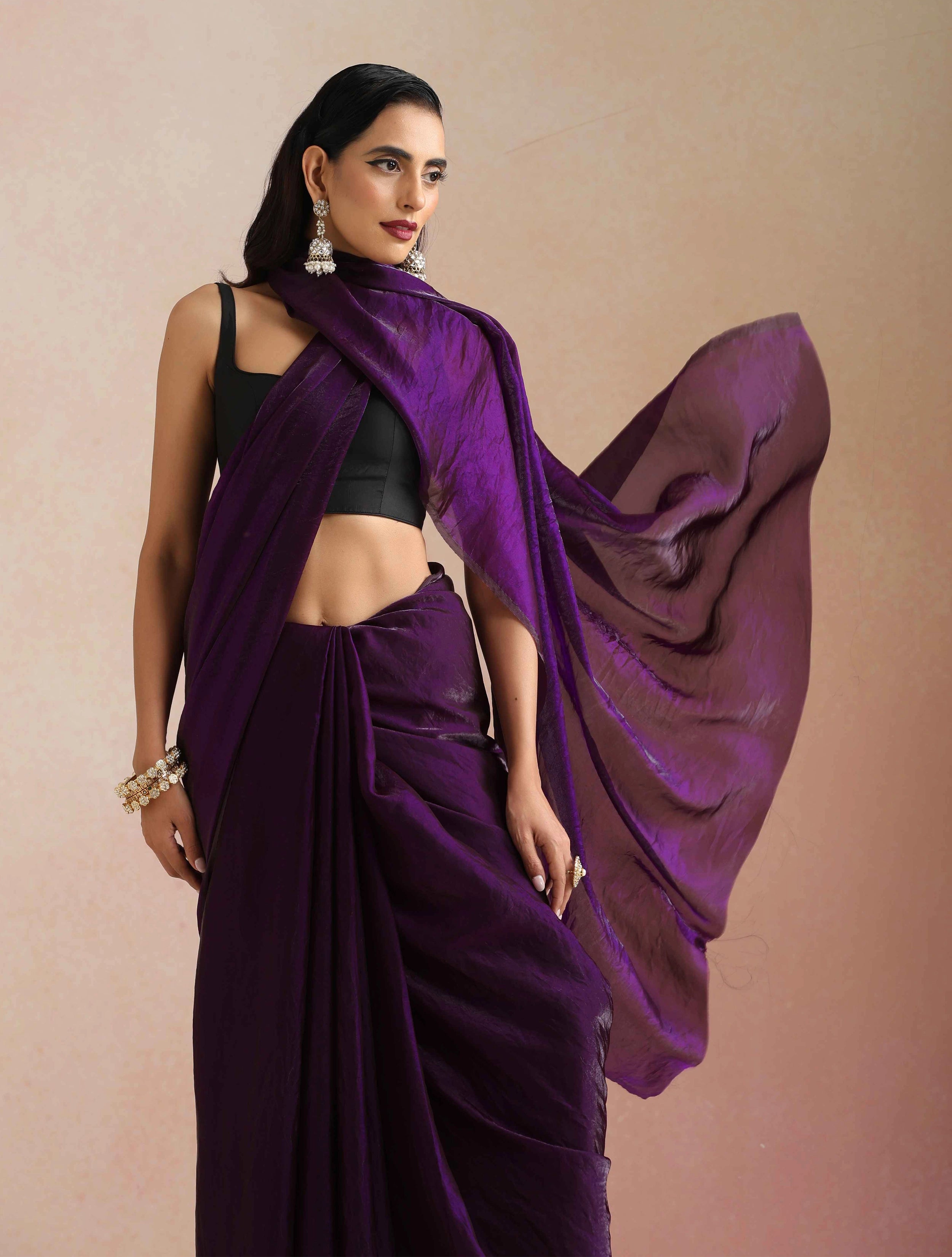 trueBrowns Purple Tissue Saree With Unstitched Blouse