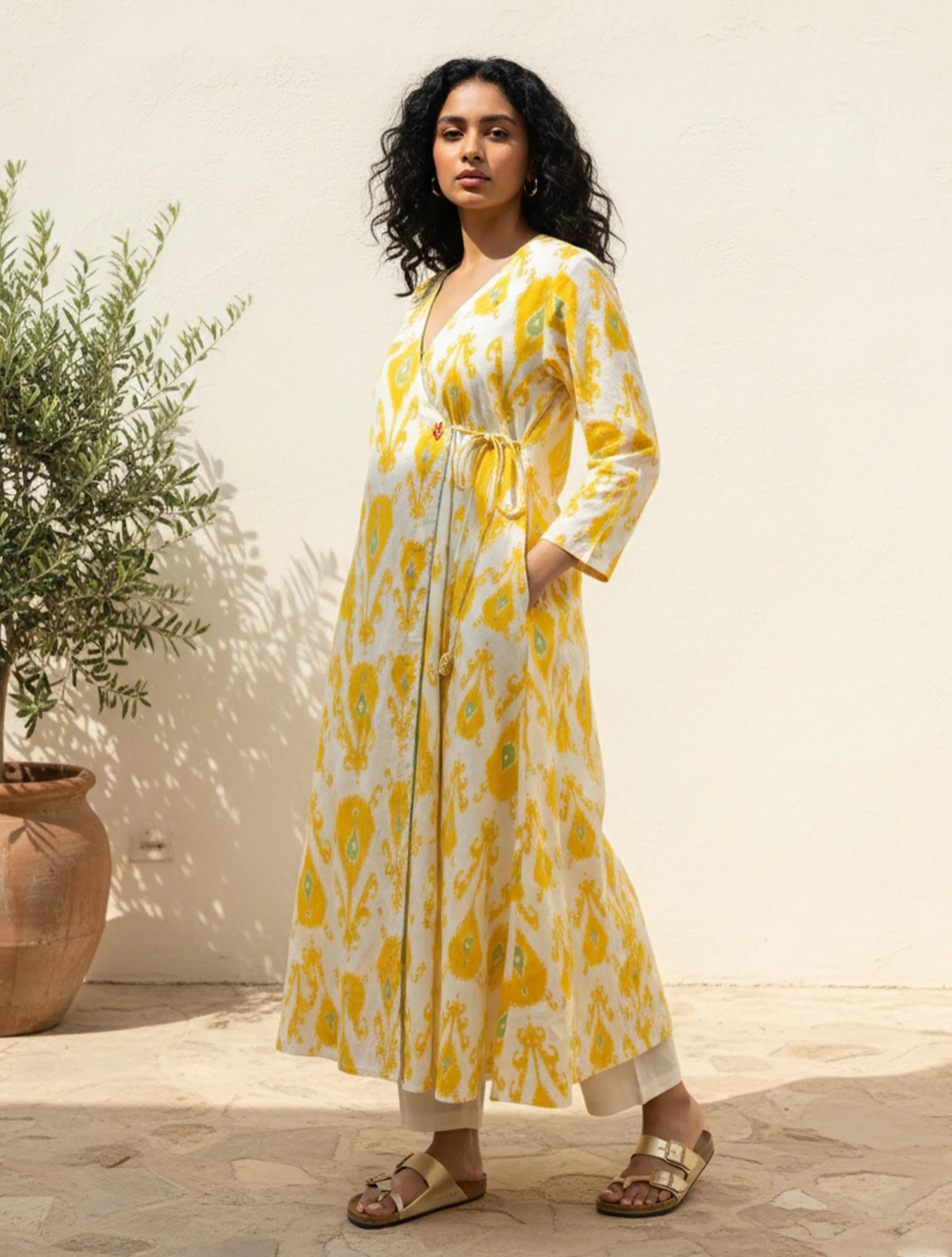trueBrowns White Yellow Ikat Print Cotton Angrakha Kurta Set