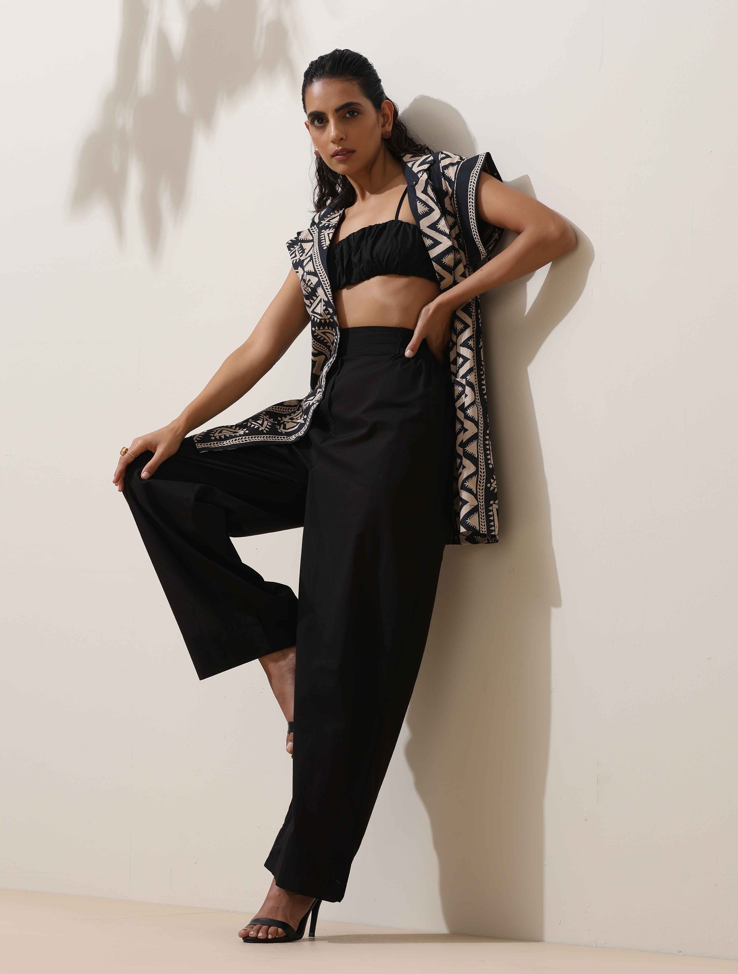 trueBrowns Beige Cotton Geometric Print Jacket Co-ord Set