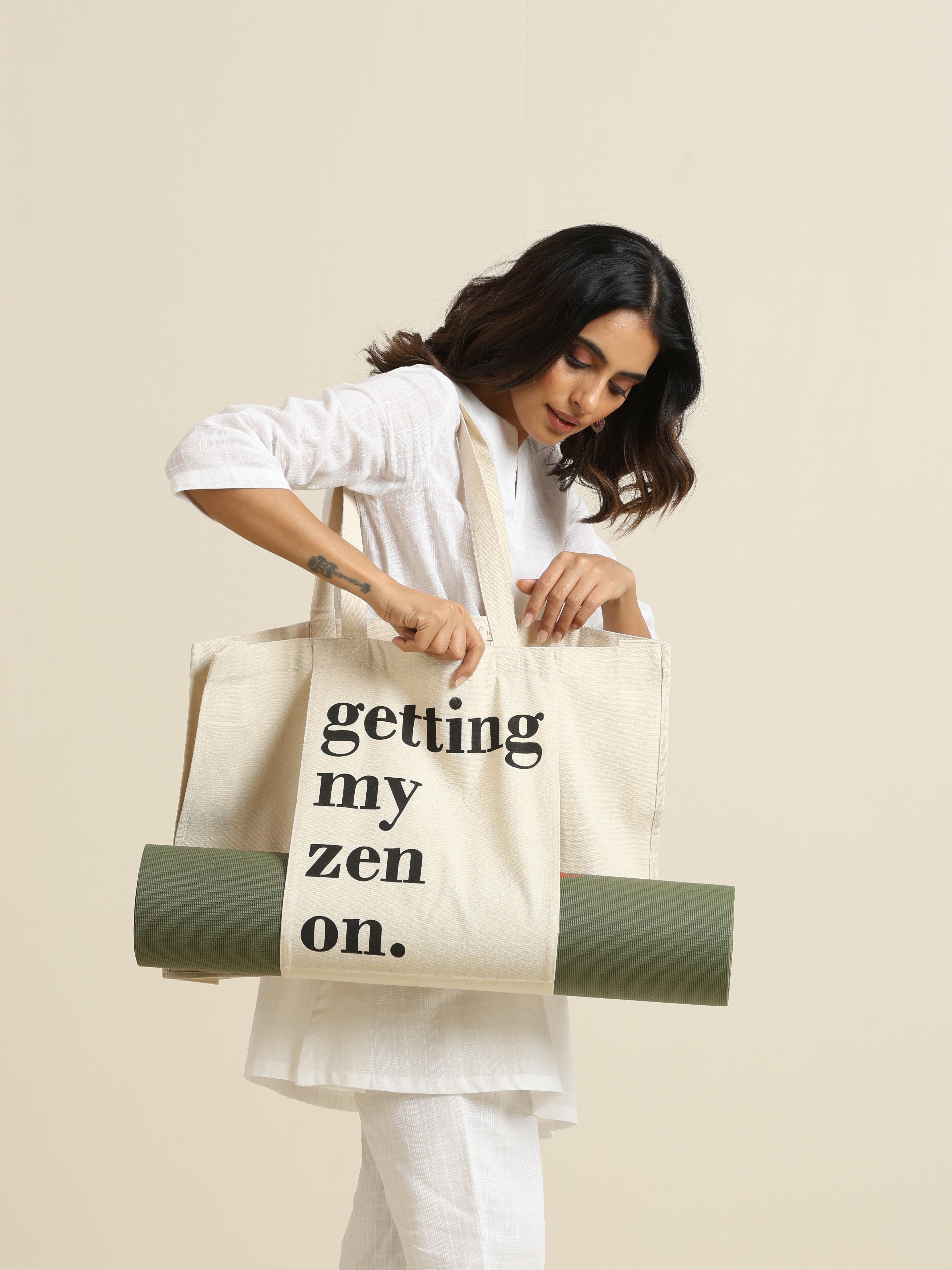 trueBrowns Off White Yoga Tote Bag