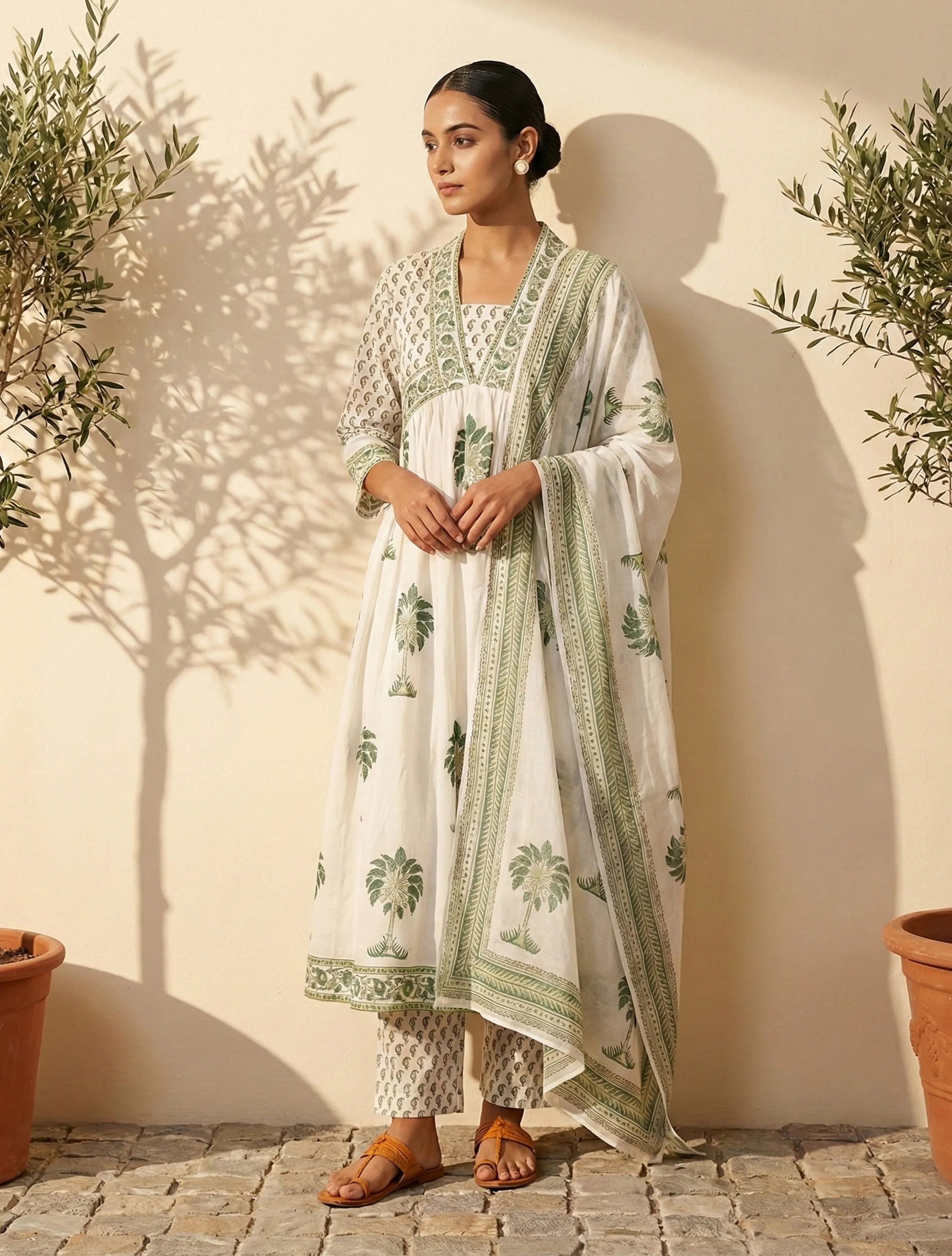 trueBrowns White Green Printed Anarkali Kurta Pant Dupatta Set