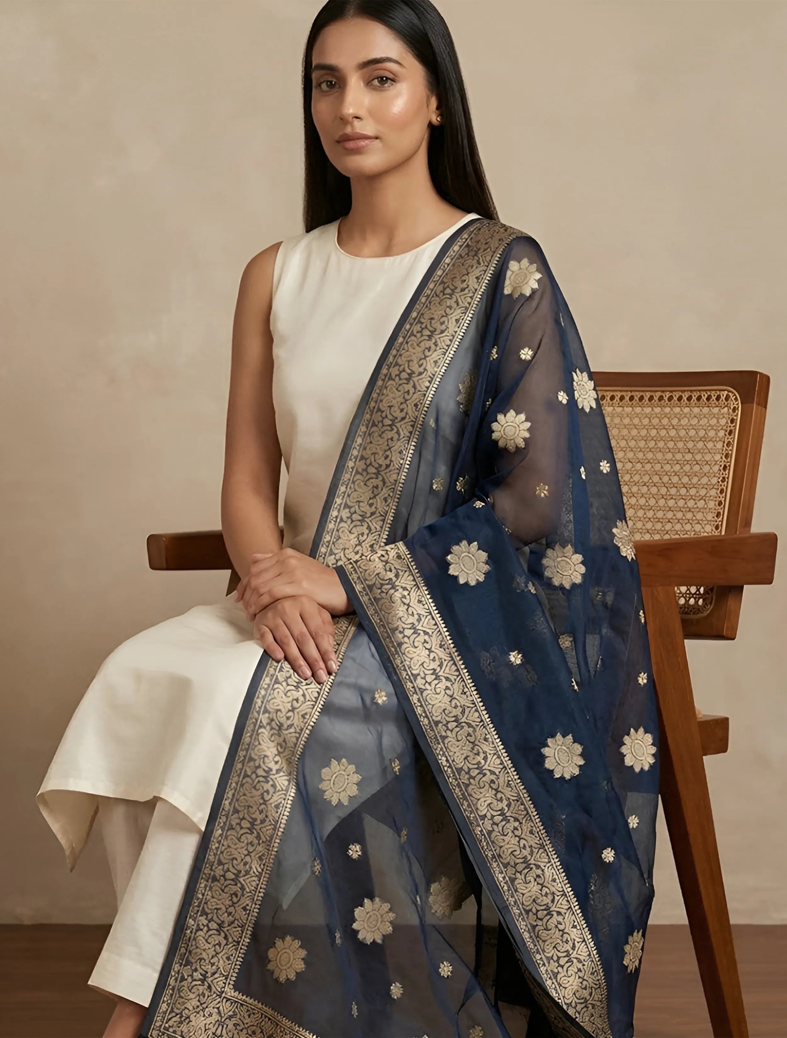 trueBrowns Navy Zari Jacquard Dupatta
