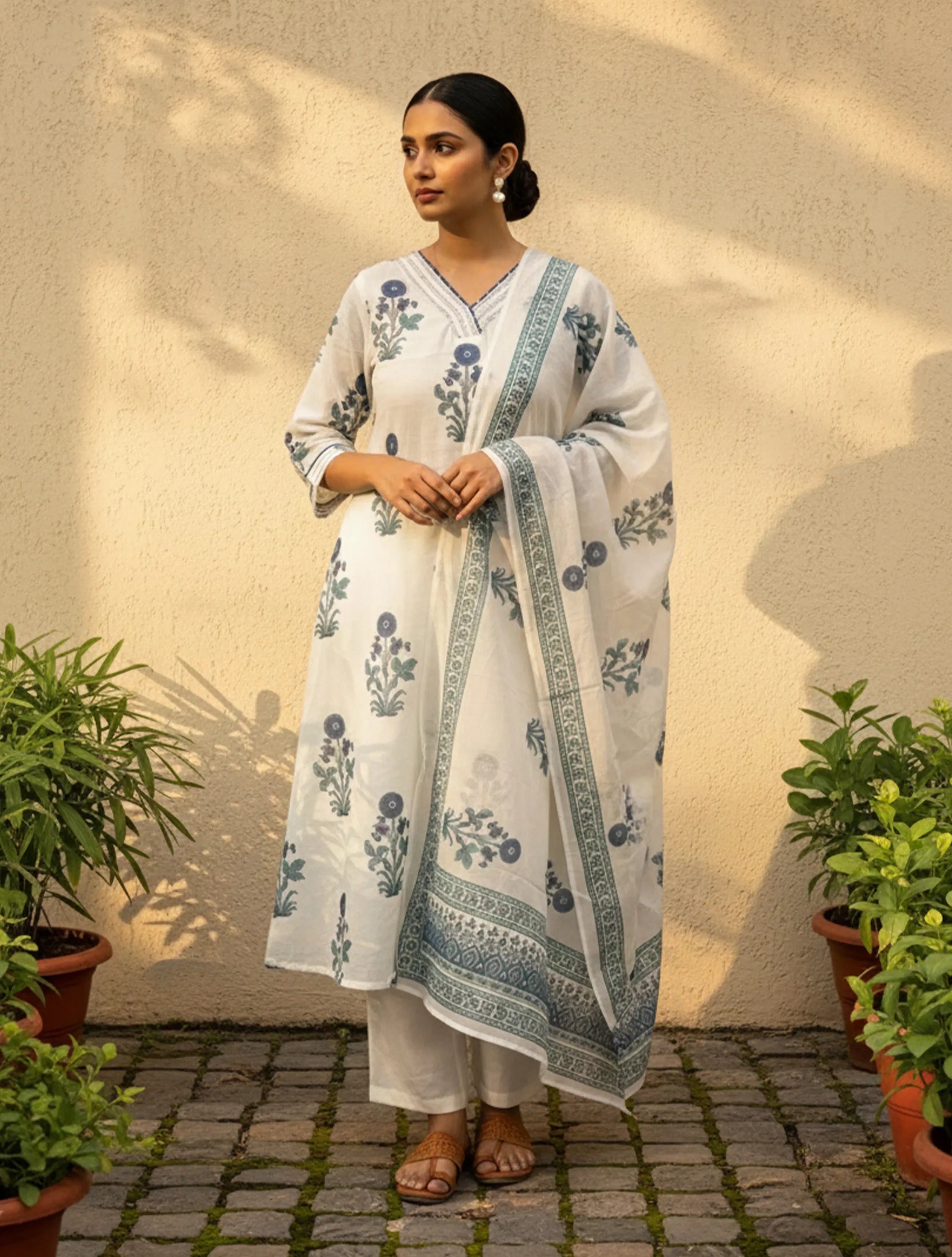 trueBrowns White Blue Print V-Neck Kurta Pant Dupatta Set