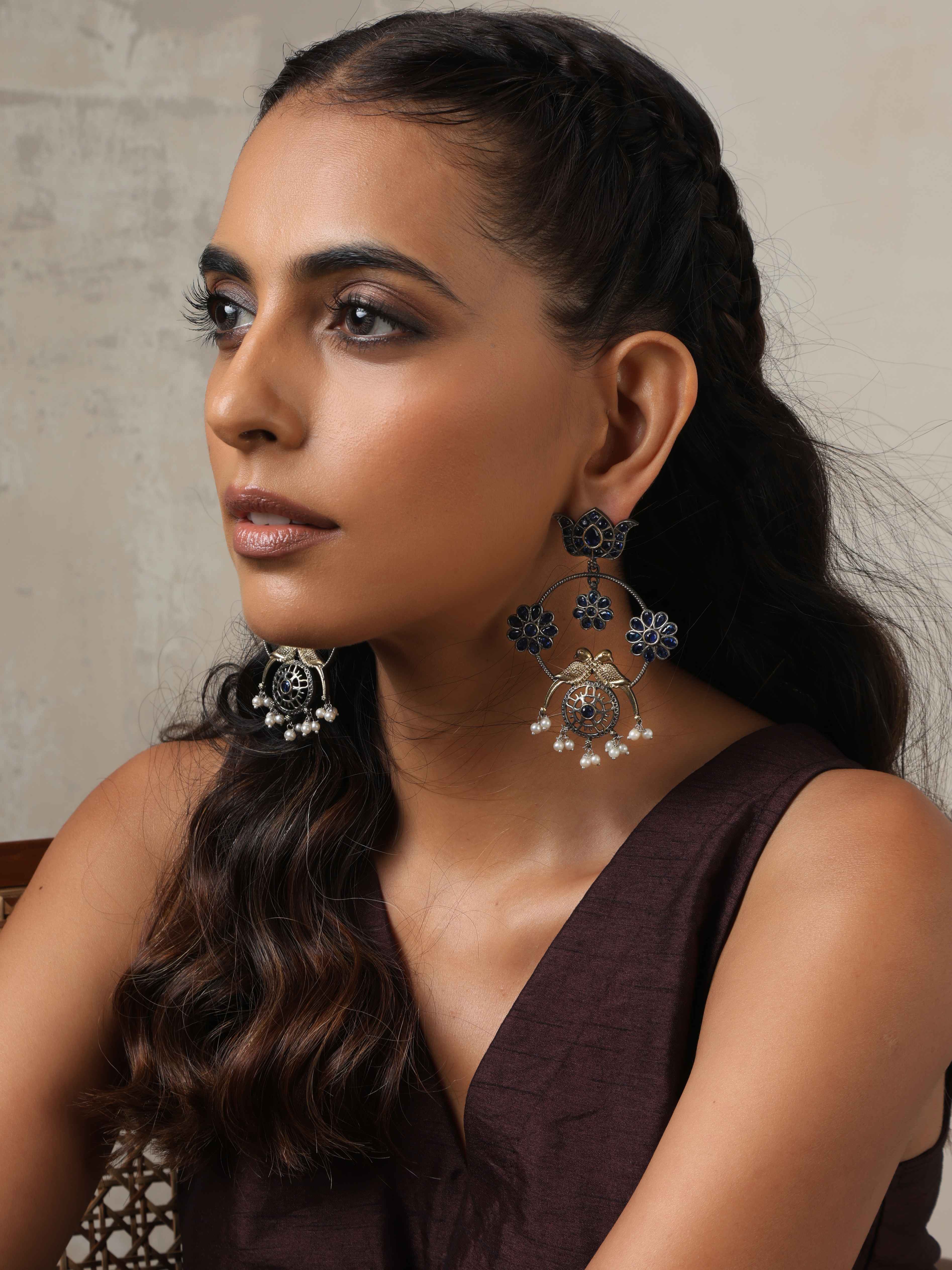 trueBrowns Silver Tone Chandbali Earrings