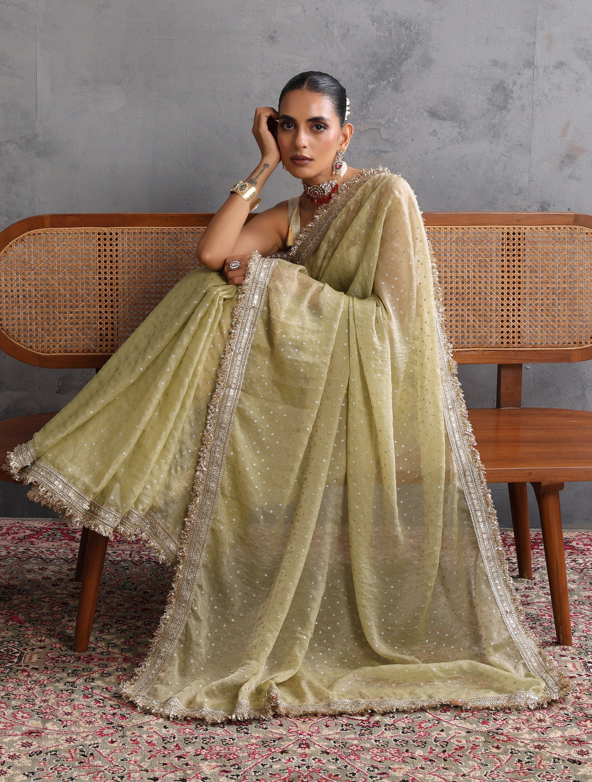 trueBrowns Light Green Tissue Foil Printed Saree With Unstitched Blouse