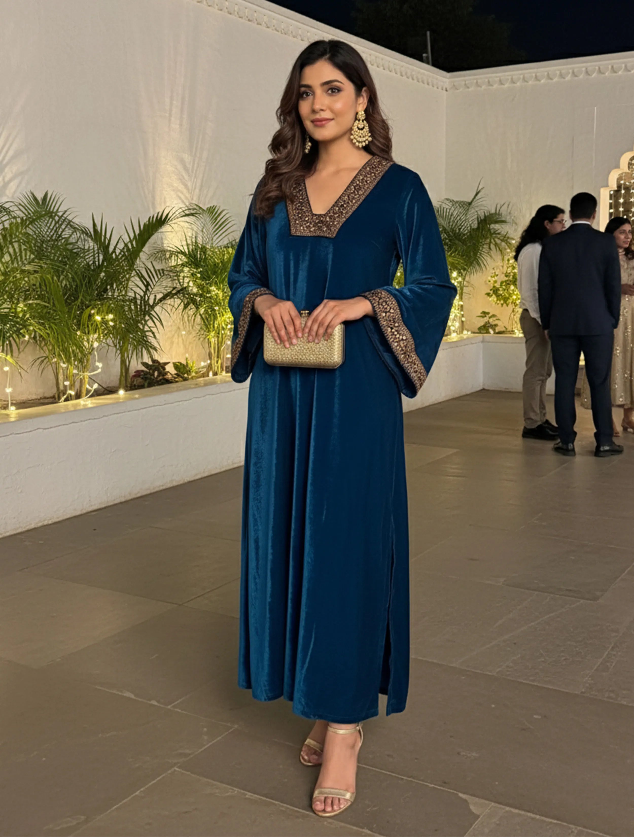 trueBrowns Blue Glass Neck Velvet Dress