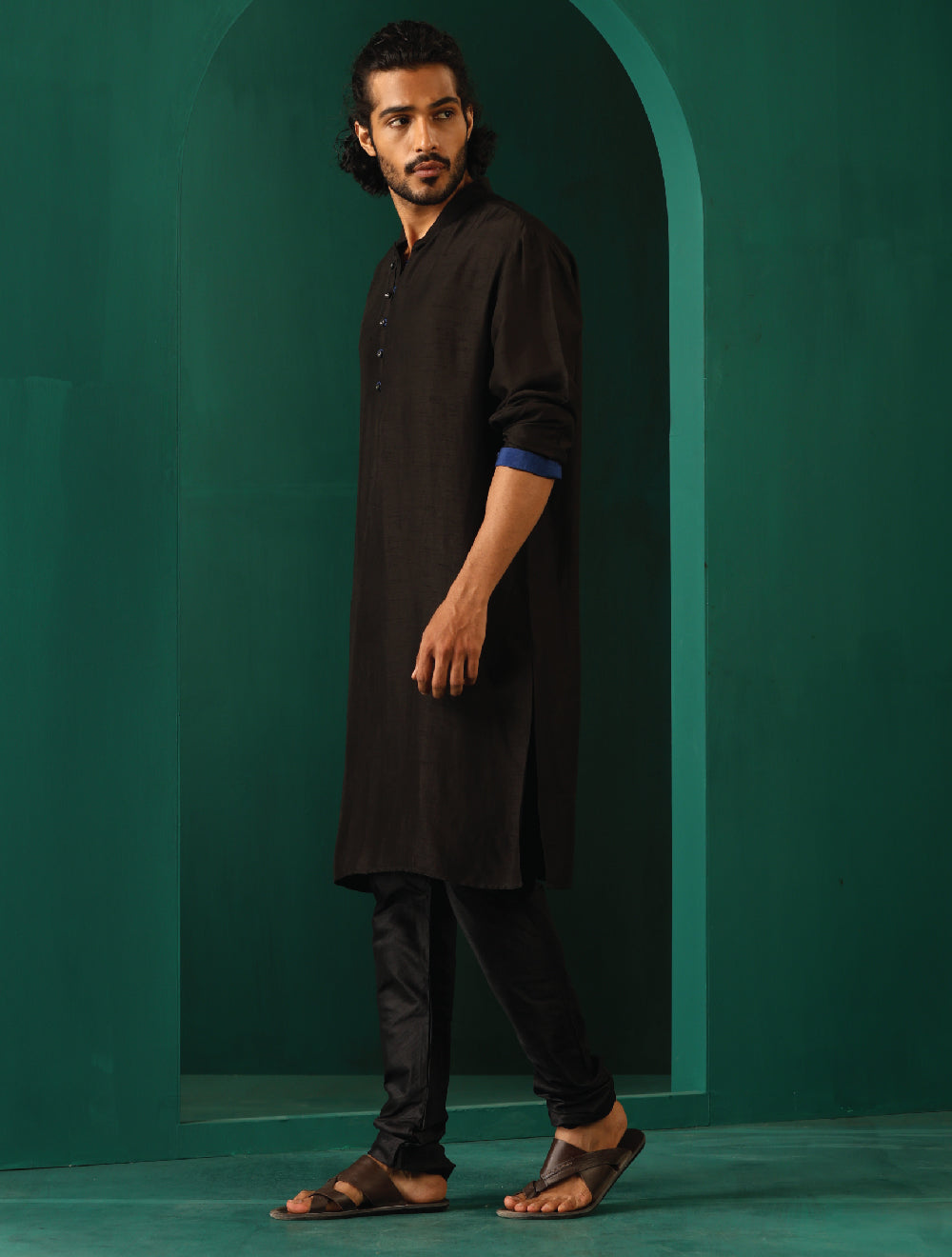 trueBrowns Men Black Silk Long Kurta
