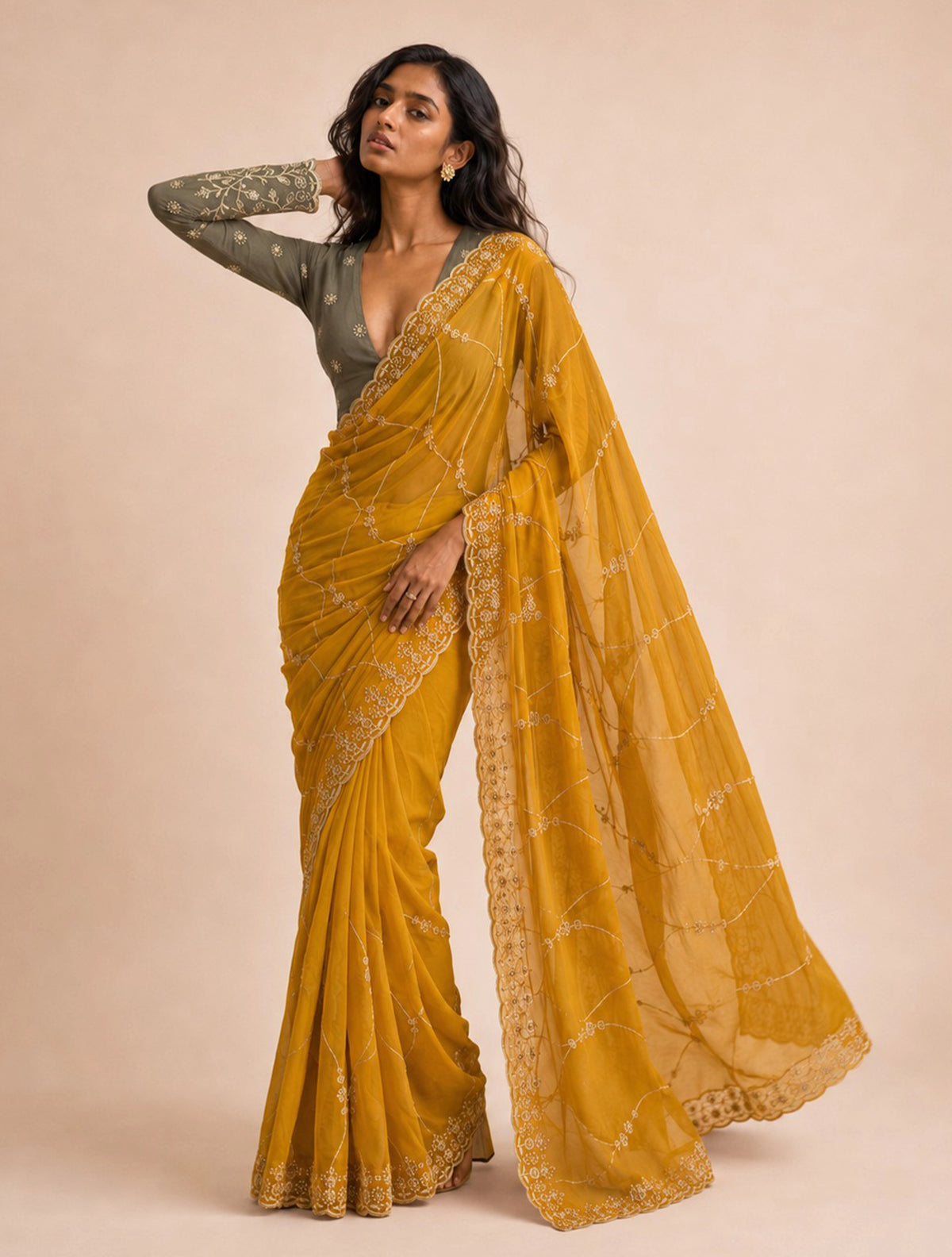 trueBrowns Mustard Gold Jaal Embroidered Georgette Saree With Unstitched Blouse