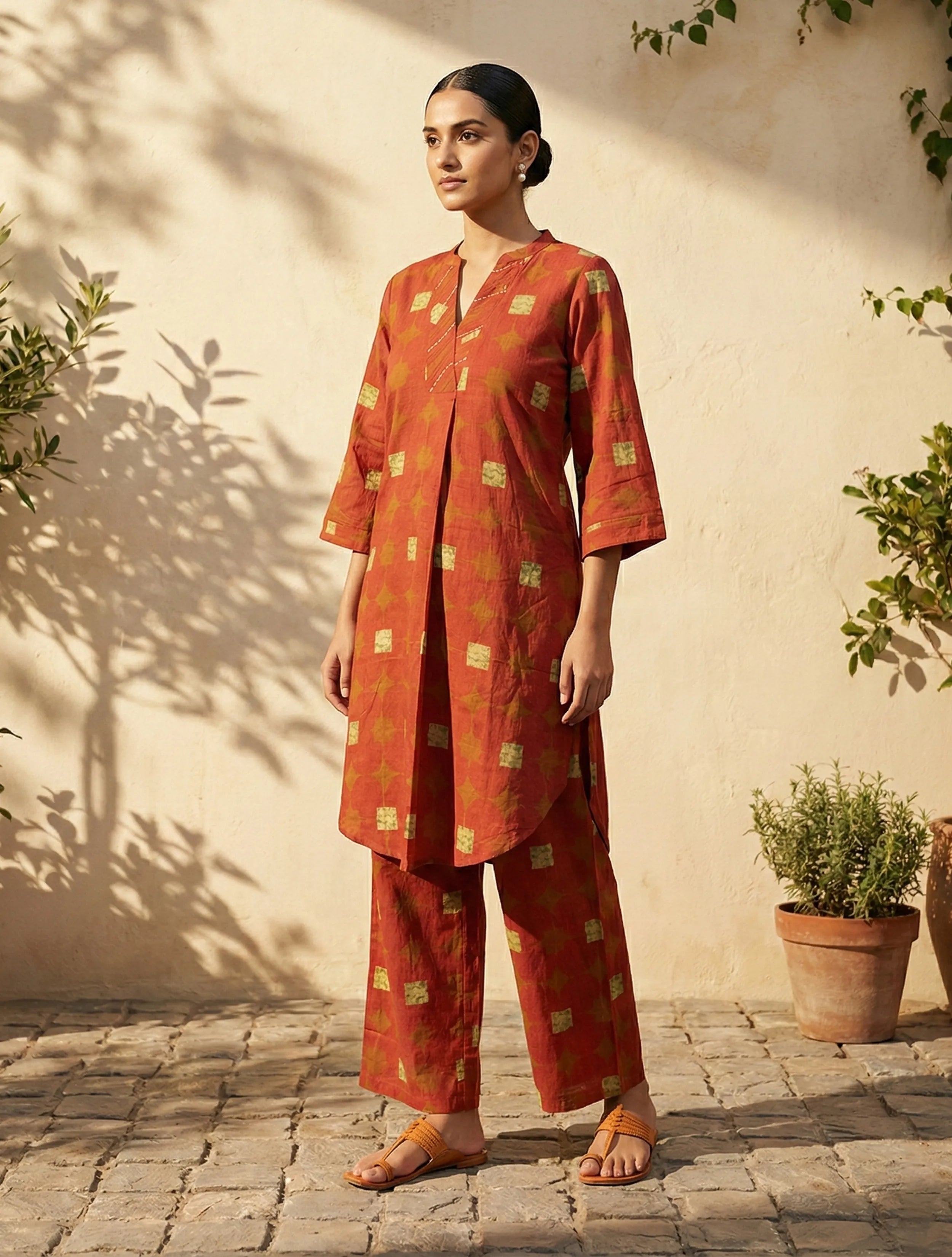 trueBrowns Rust Geometric Print Kurta Pant Set