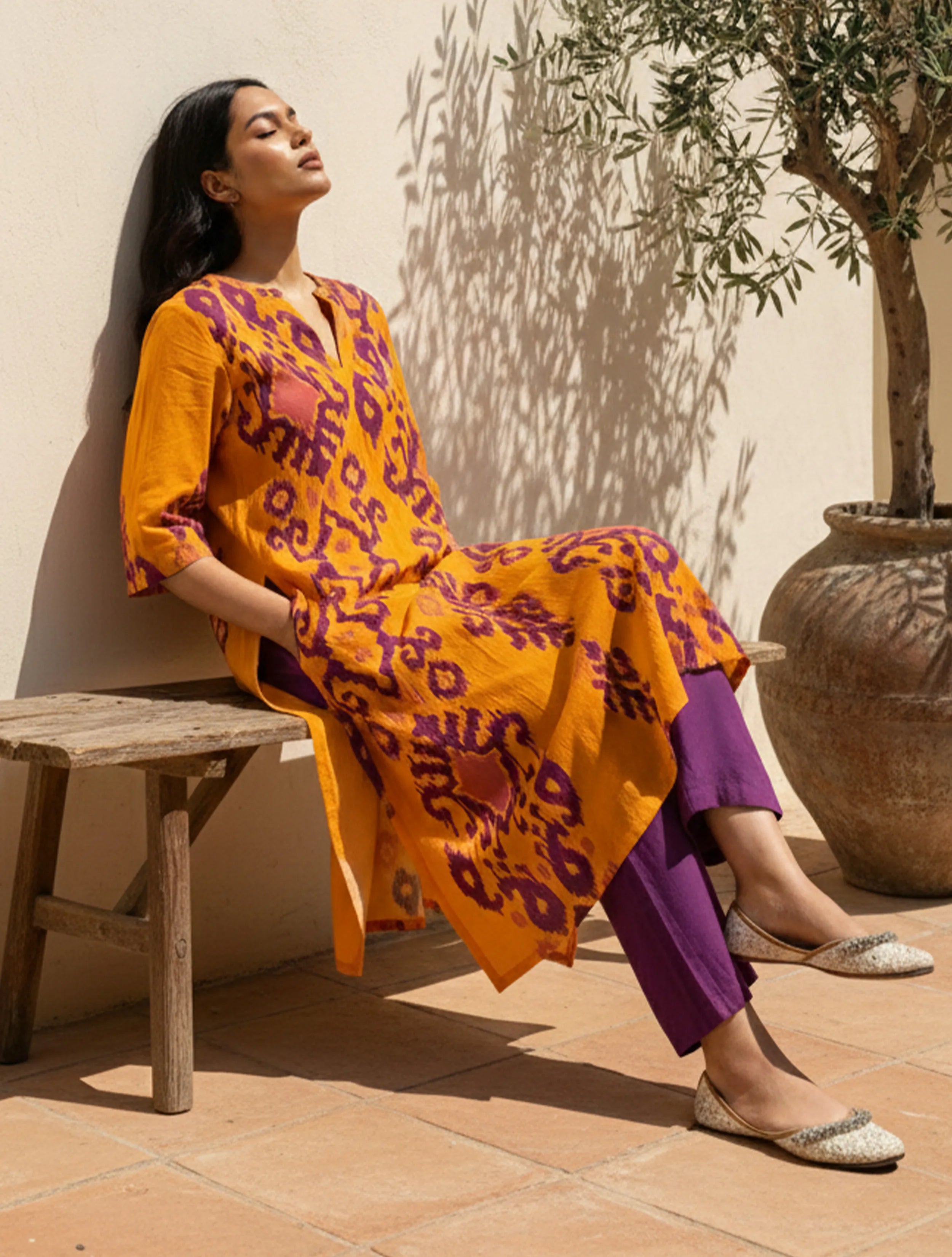 trueBrowns Yellow Purple Ikat Print Cotton High-Low Kurta Set