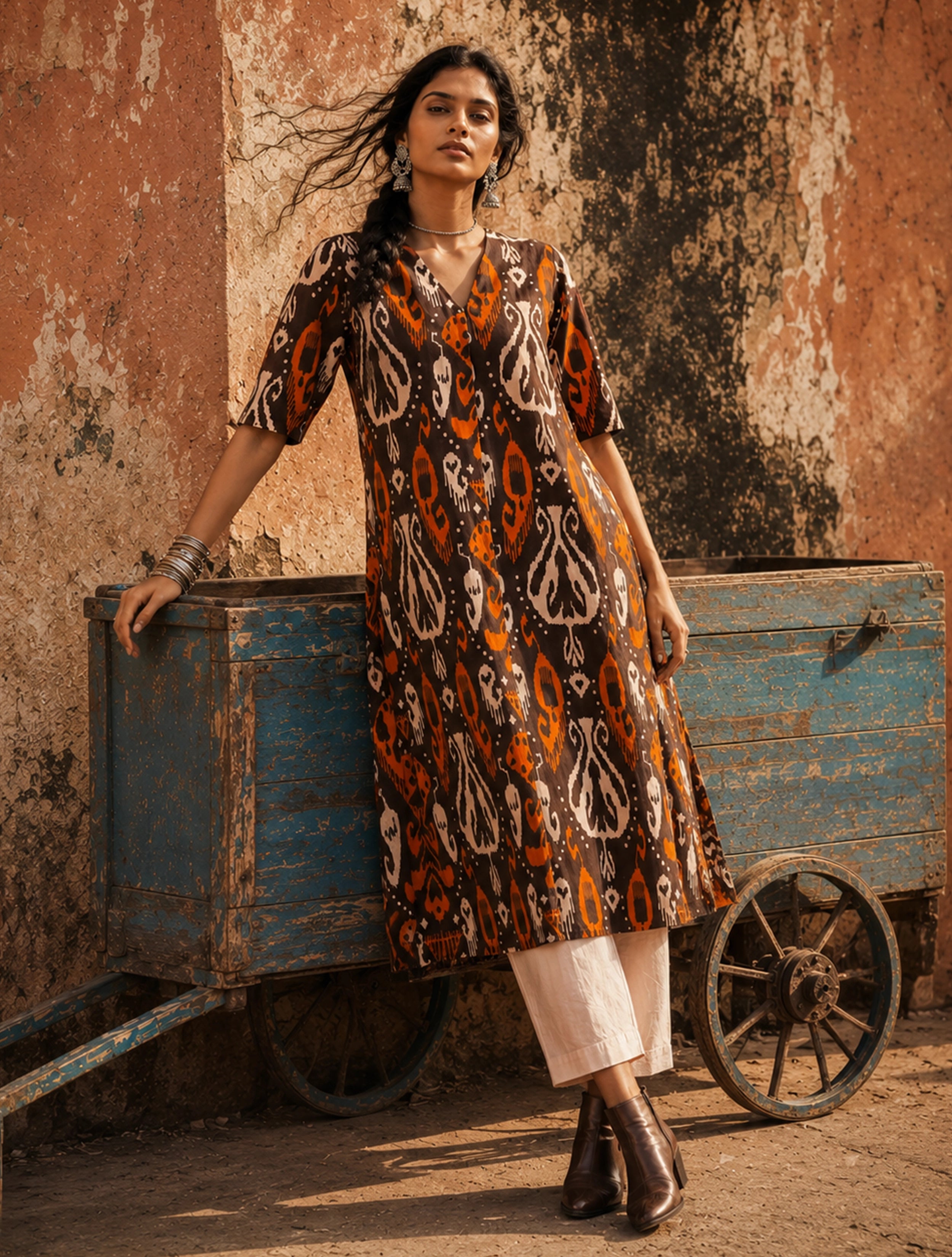 trueBrowns Cola Orange Ikat Print Cotton High-Slit Kurta Set