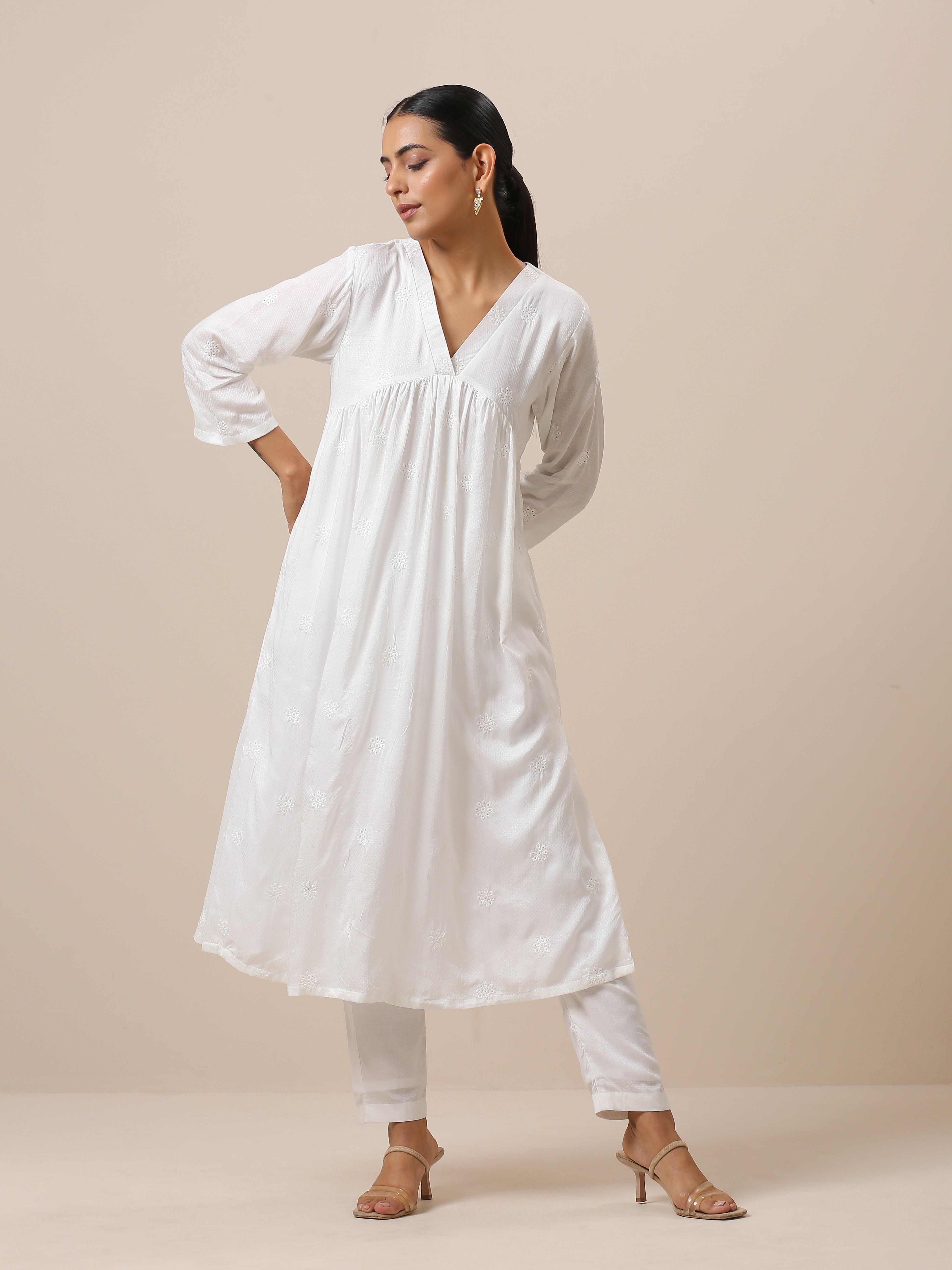 Cotton White Floral Embroidered Kurta Pant Set - trueBrowns