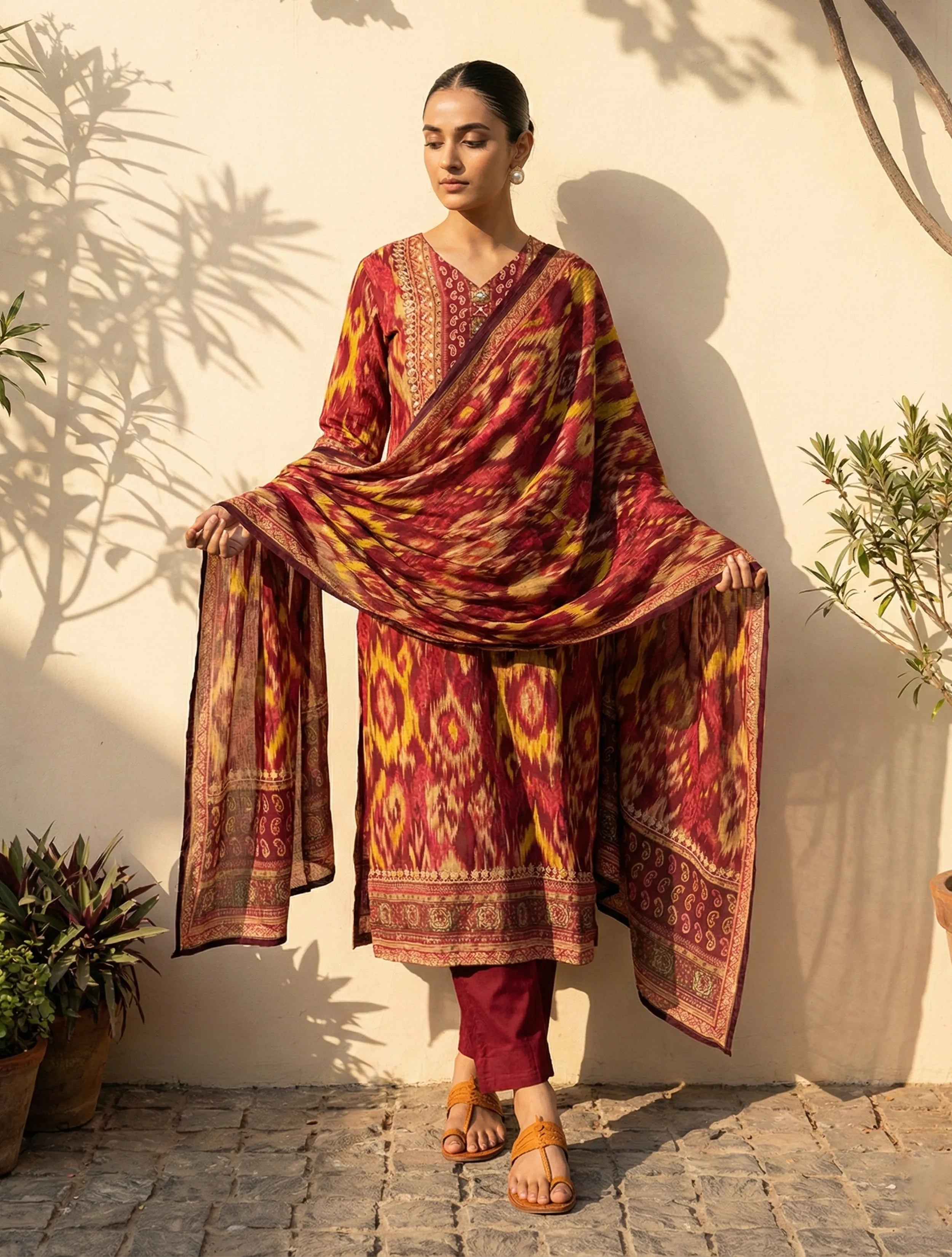 trueBrowns Red Ikat Print Embroidered V-Neck Kurta Pant Dupatta Set