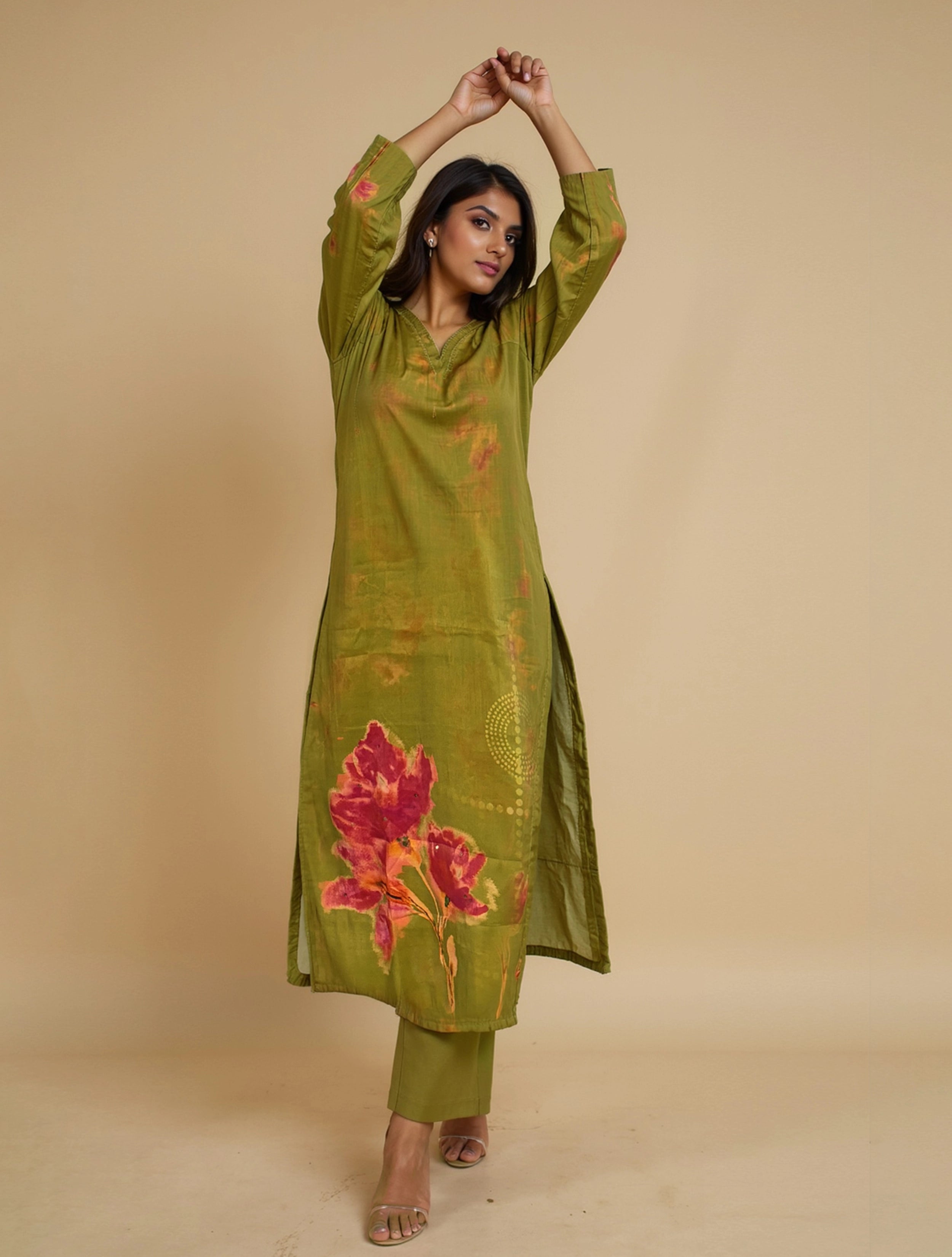 trueBrowns Green Floral Print Kurta Pant Dupatta Set