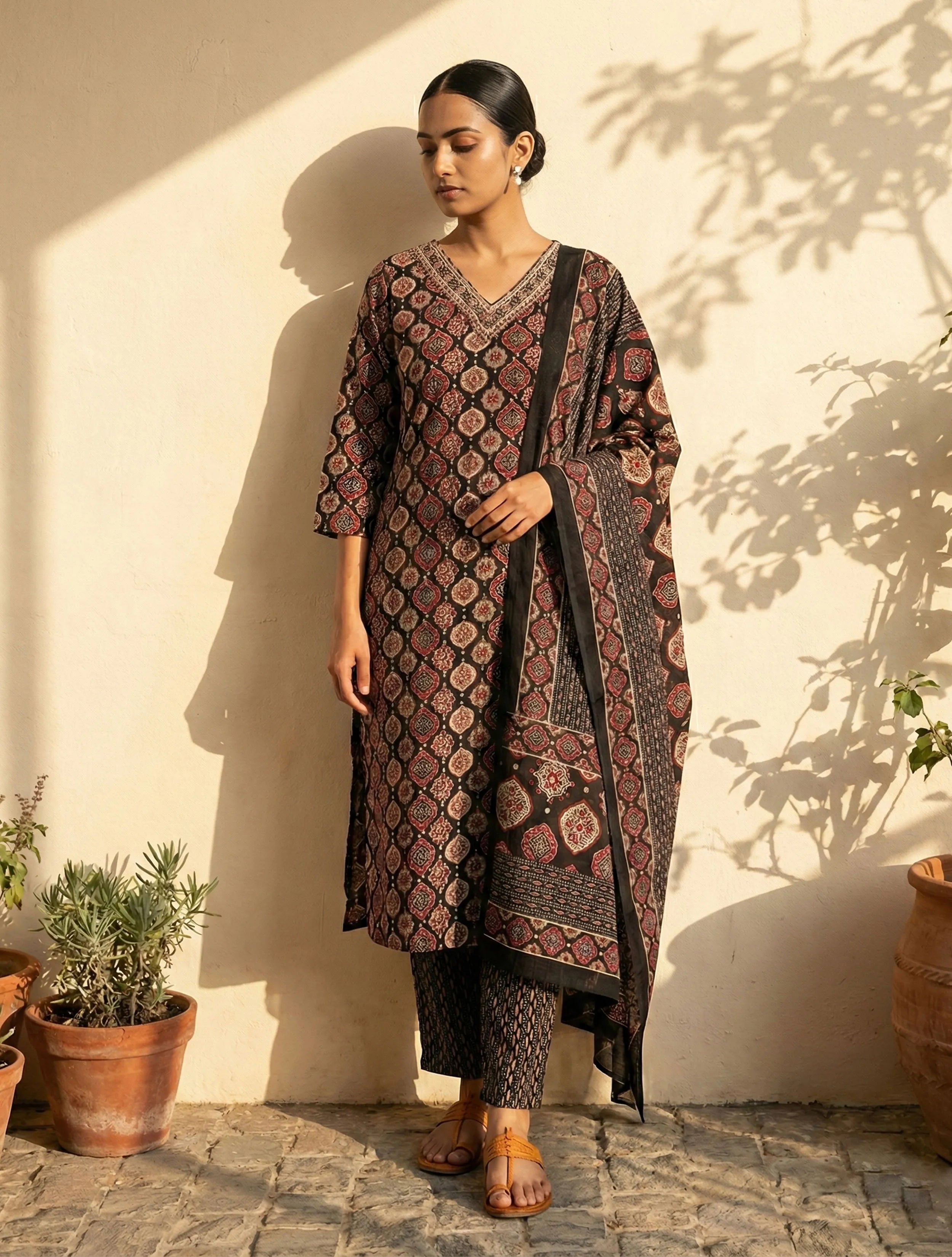 trueBrowns Black Print Embroidered V-Neck Kurta Pant Dupatta Set