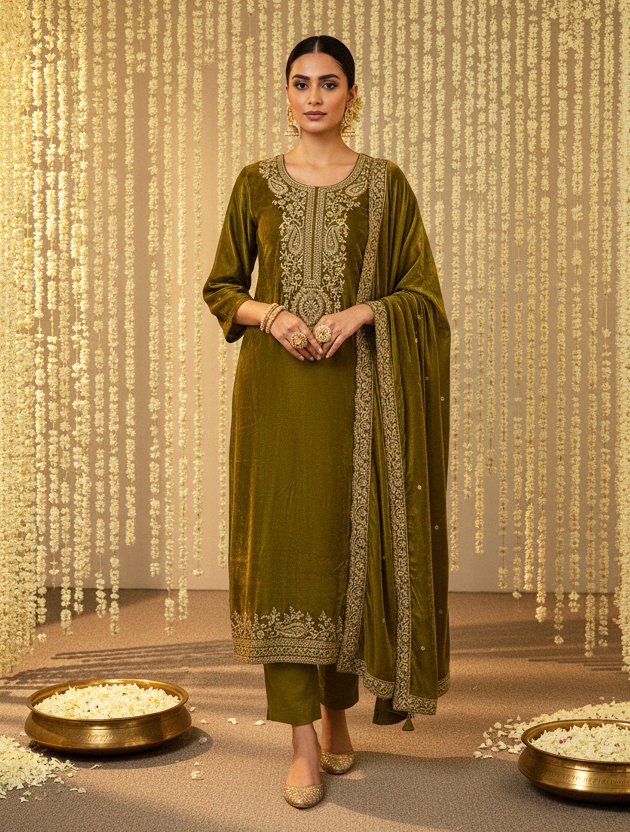 trueBrowns Lime Luxe Velvet Embroidered Kurta Pants Dupatta Set