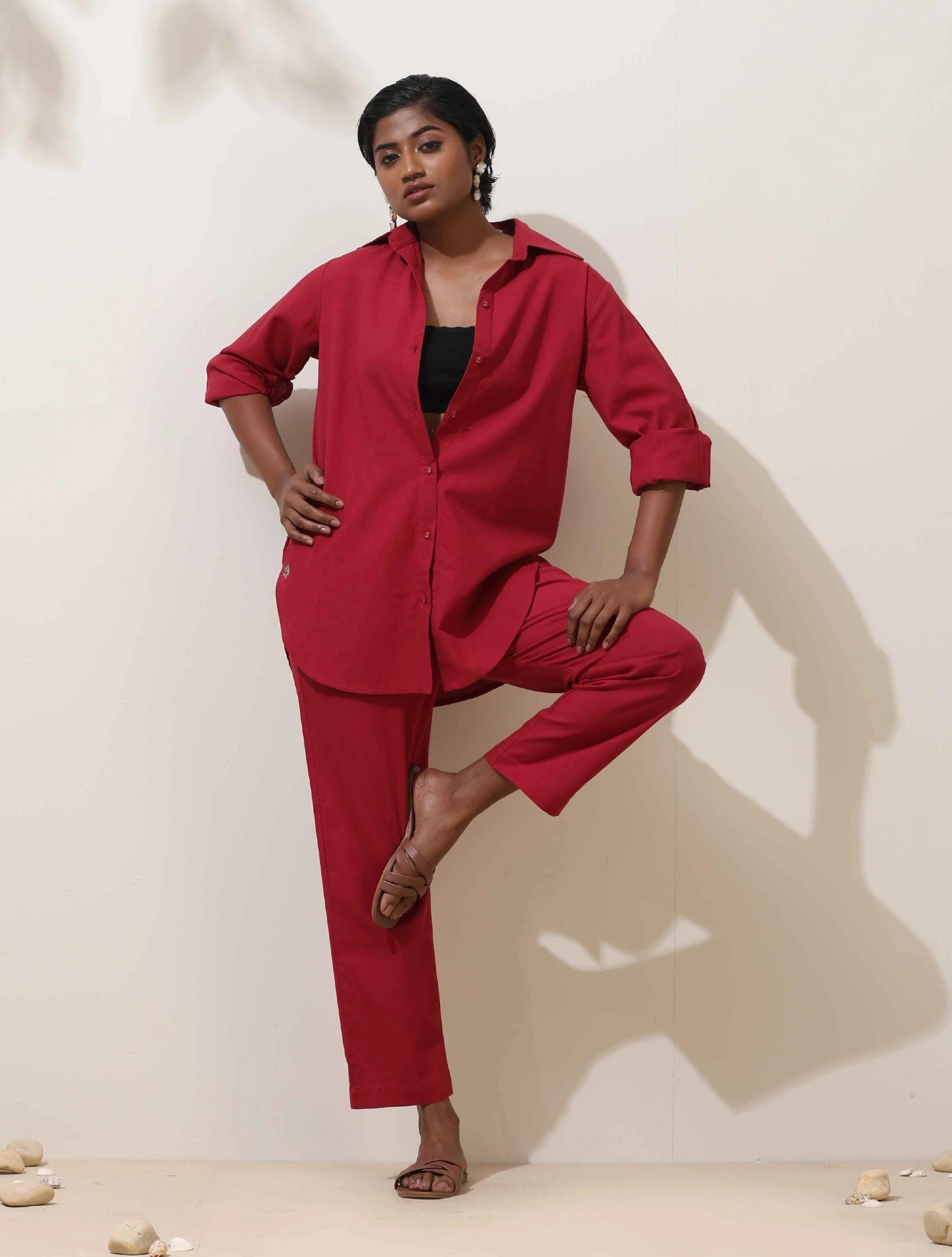 trueBrowns Maroon Cotton Linen Co-Ord Set