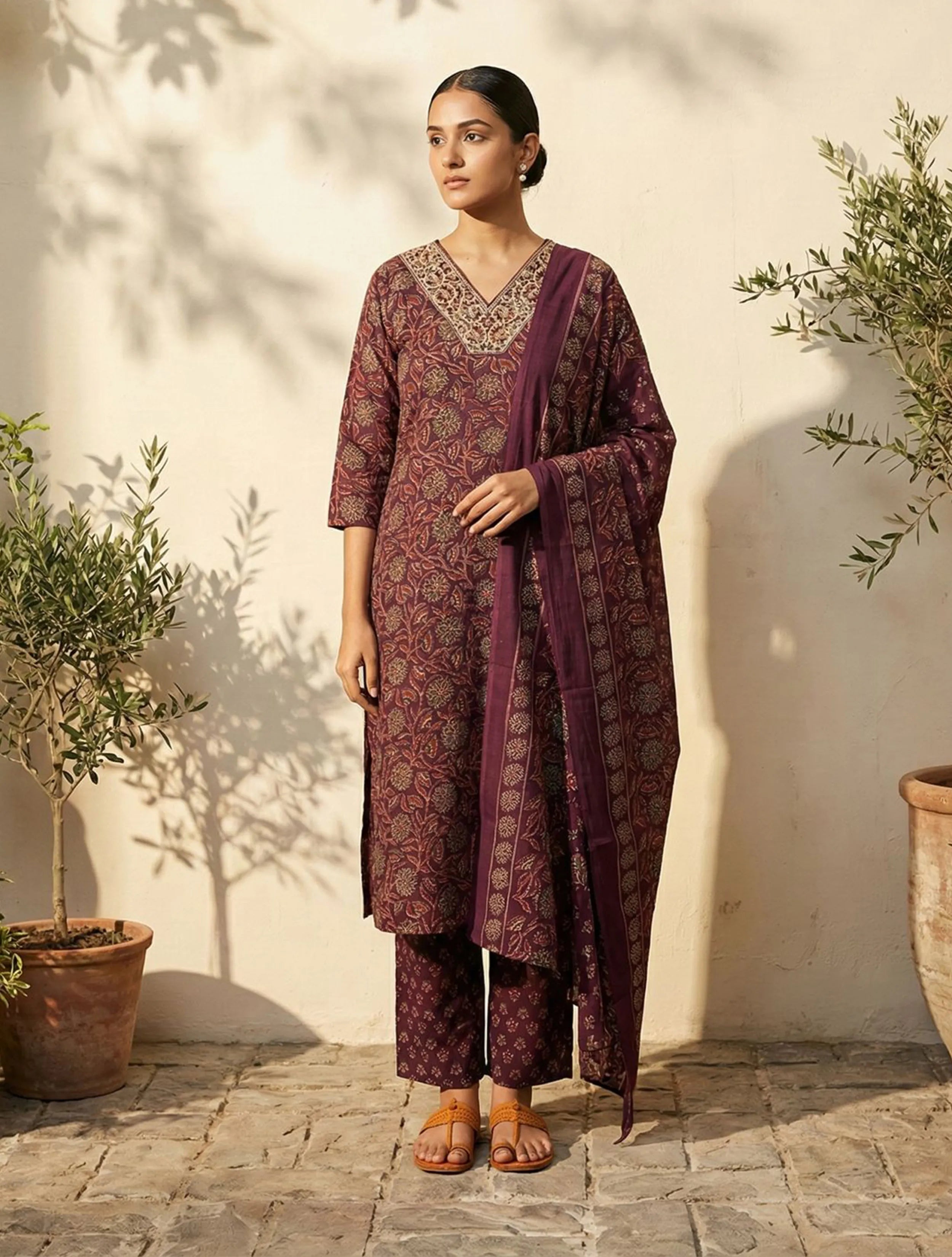 trueBrowns Purple Floral Print Embroidered V-Neck Kurta Pant Dupatta Set
