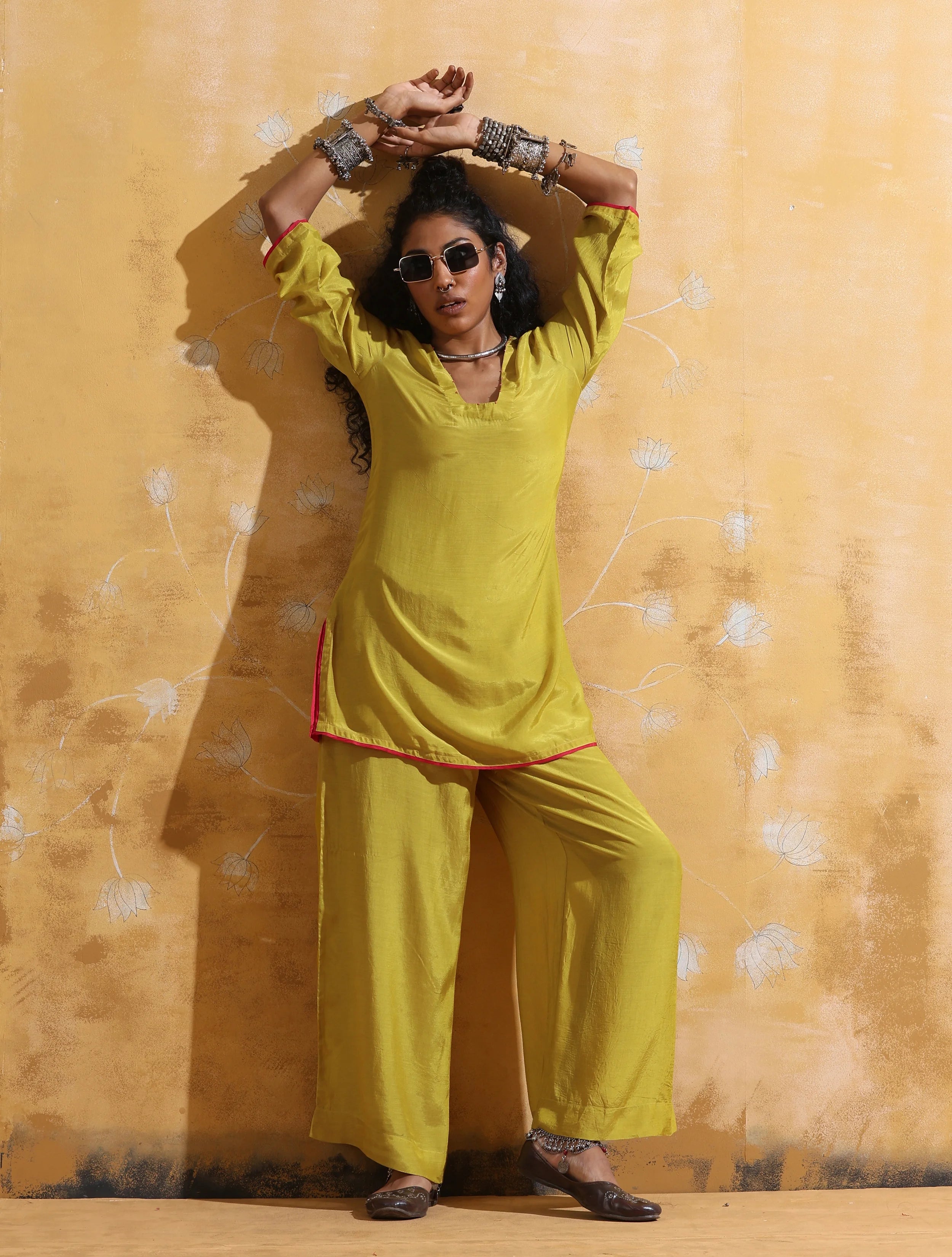 trueBrowns Lime Muslin Silk Co-ord Set with Flared Pants