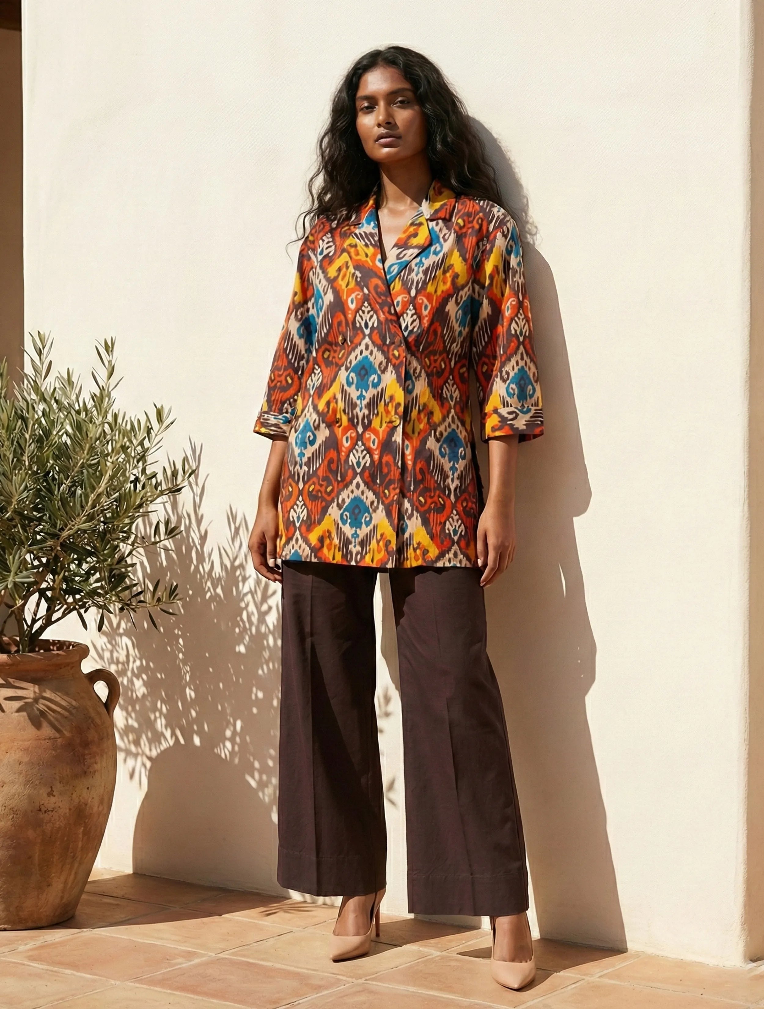 trueBrowns Multicolour Ikat Print Cotton Poplin Blazer Co-Ord Set