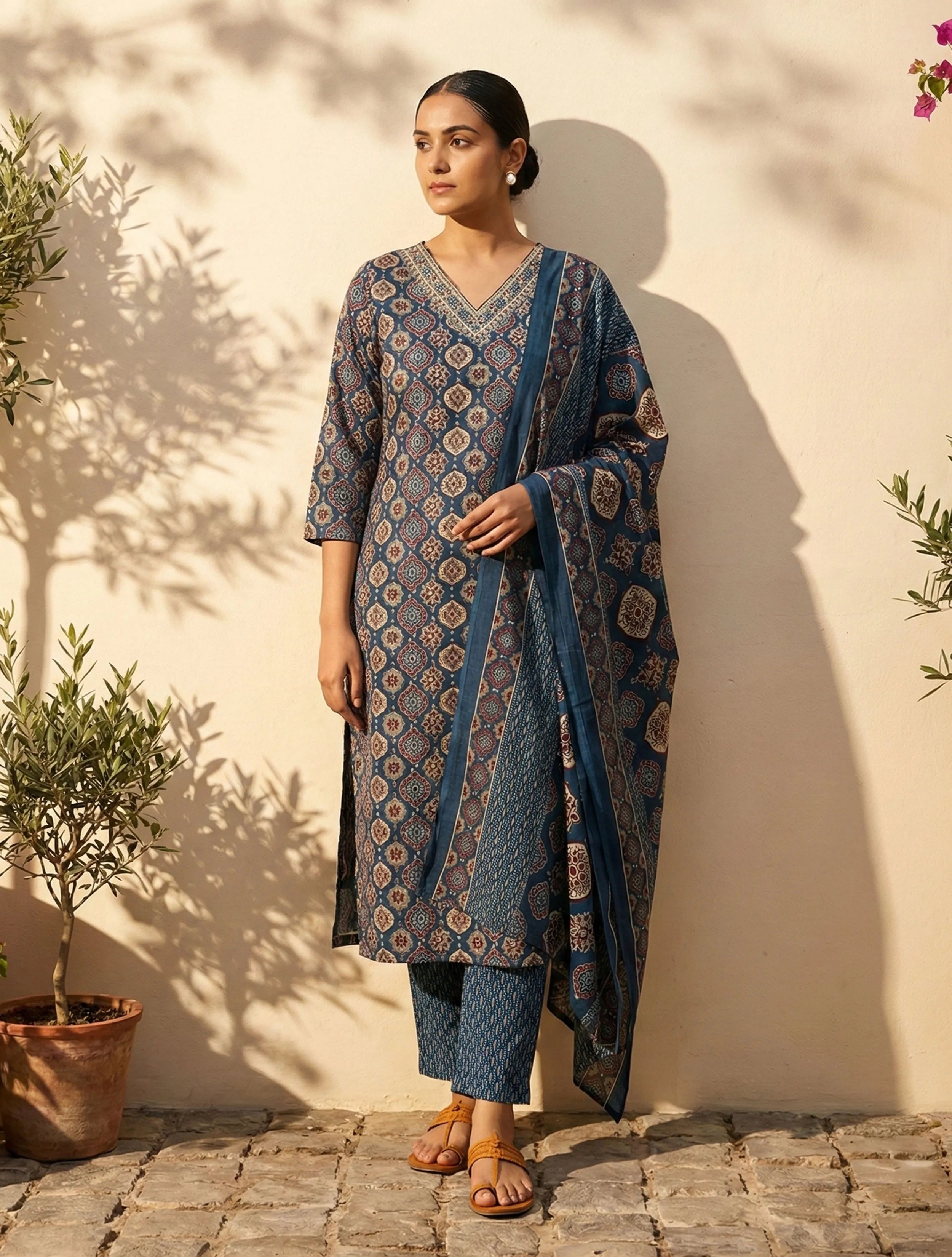 trueBrowns Blue Print Embroidered V-Neck Kurta Pant Dupatta Set