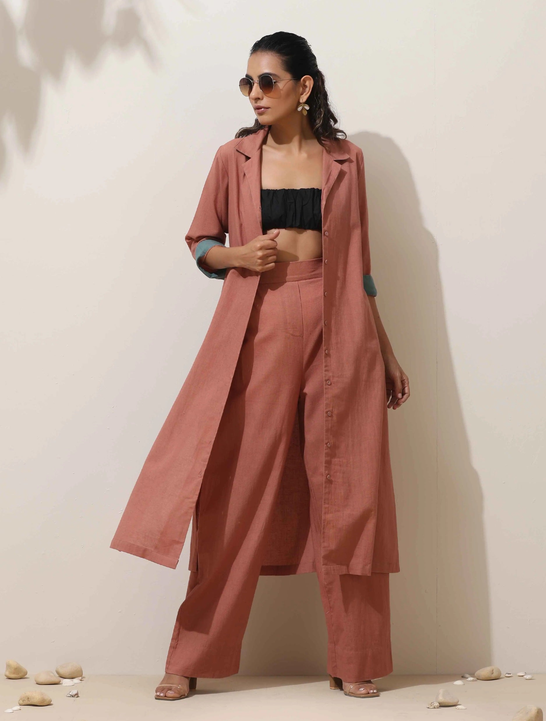 trueBrowns Peach Cotton Linen Kurta Pant Set