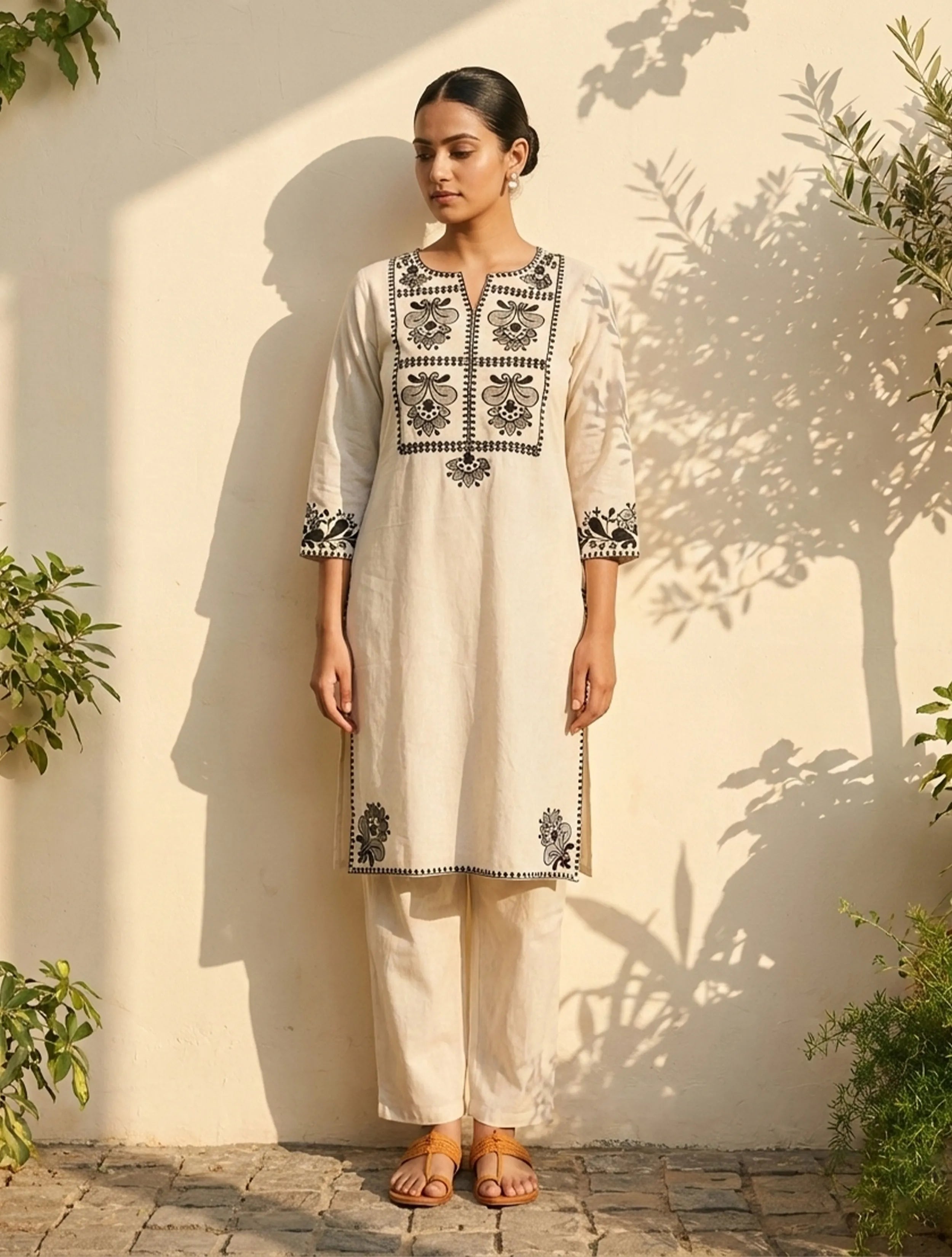 trueBrowns Off-White Black Embroidered Kurta Co-Ord Pant Set