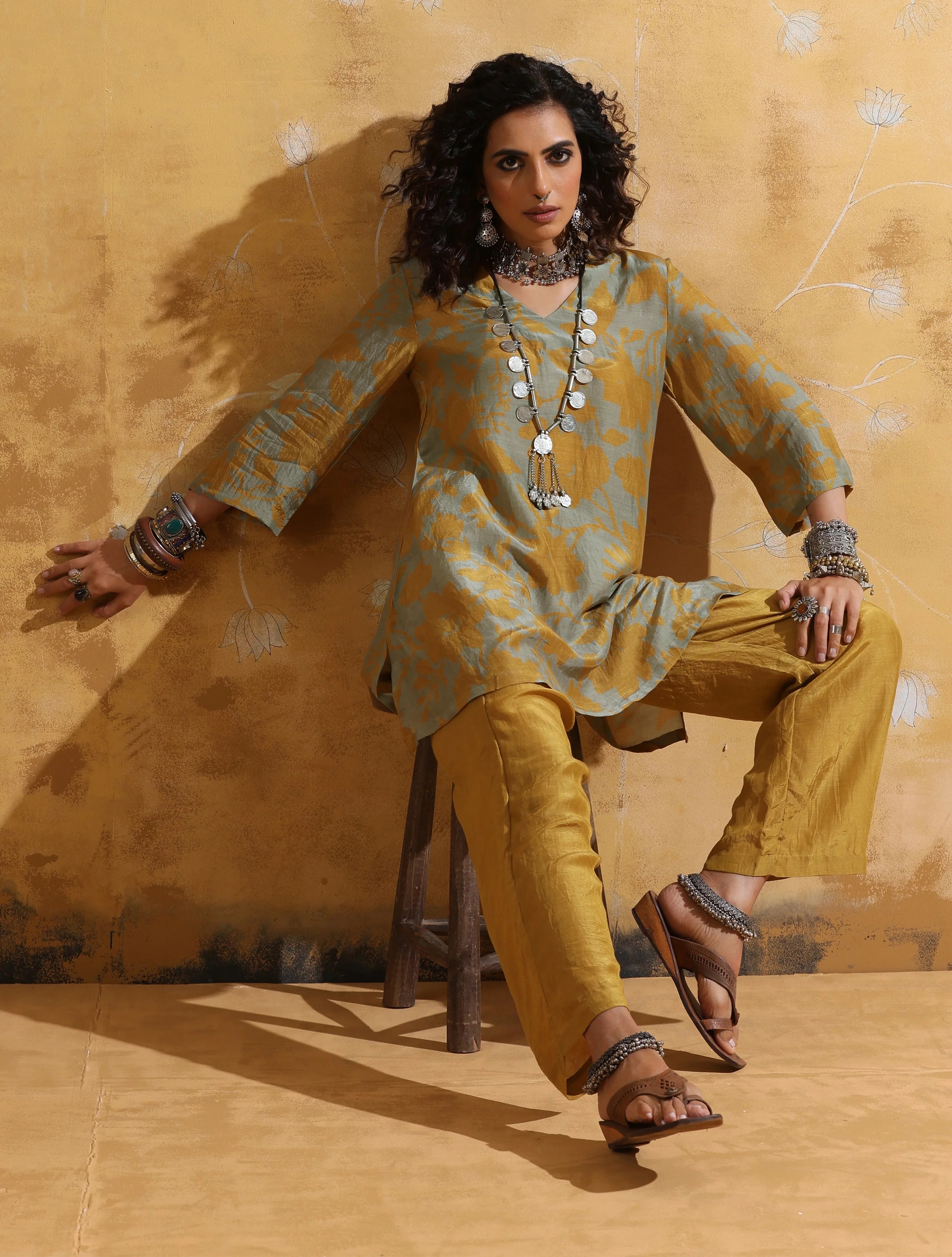 trueBrowns Mint Mustard Jaal Print Muslin Silk Co-ord Set