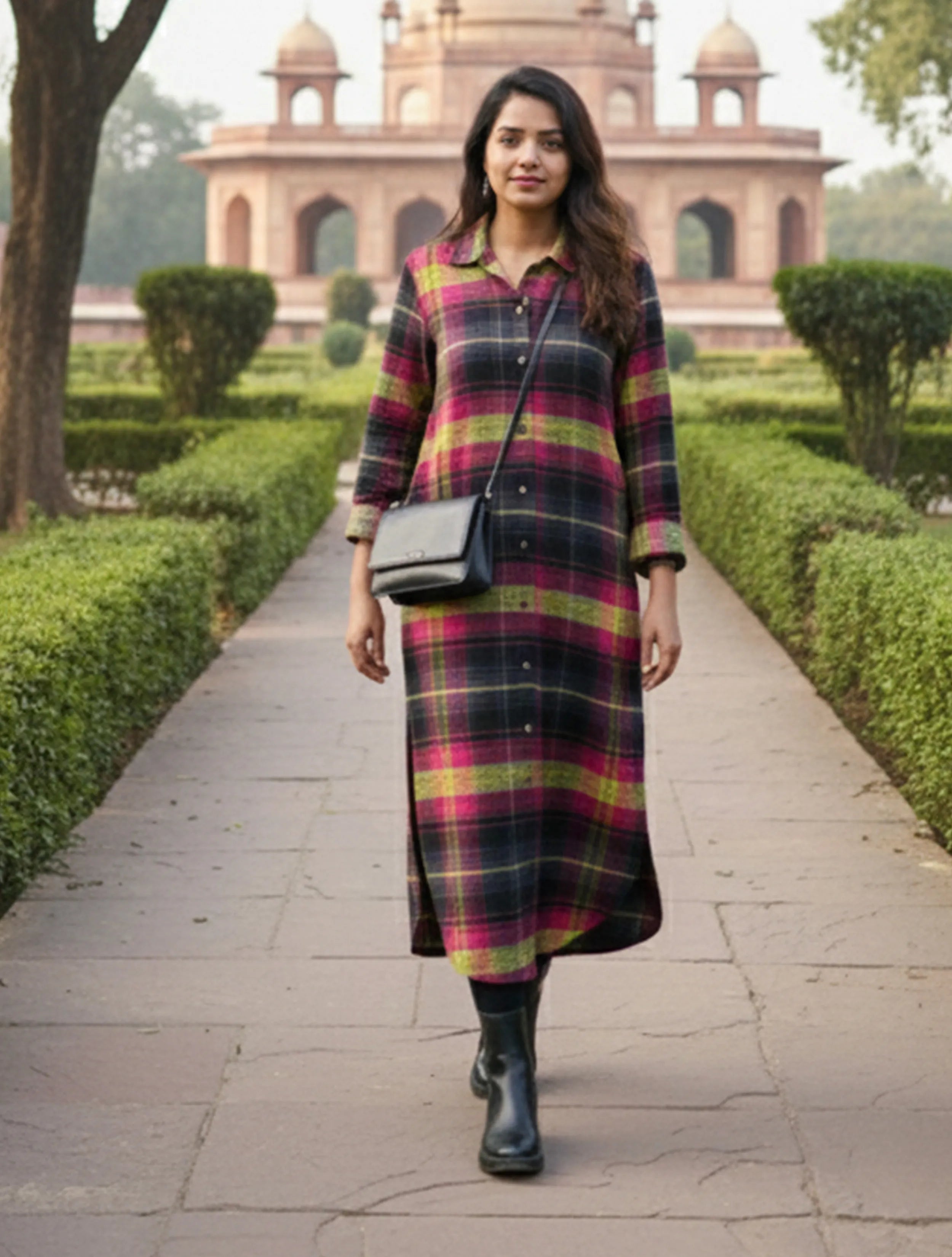 trueBrowns Pink Check Long Shirt Dress