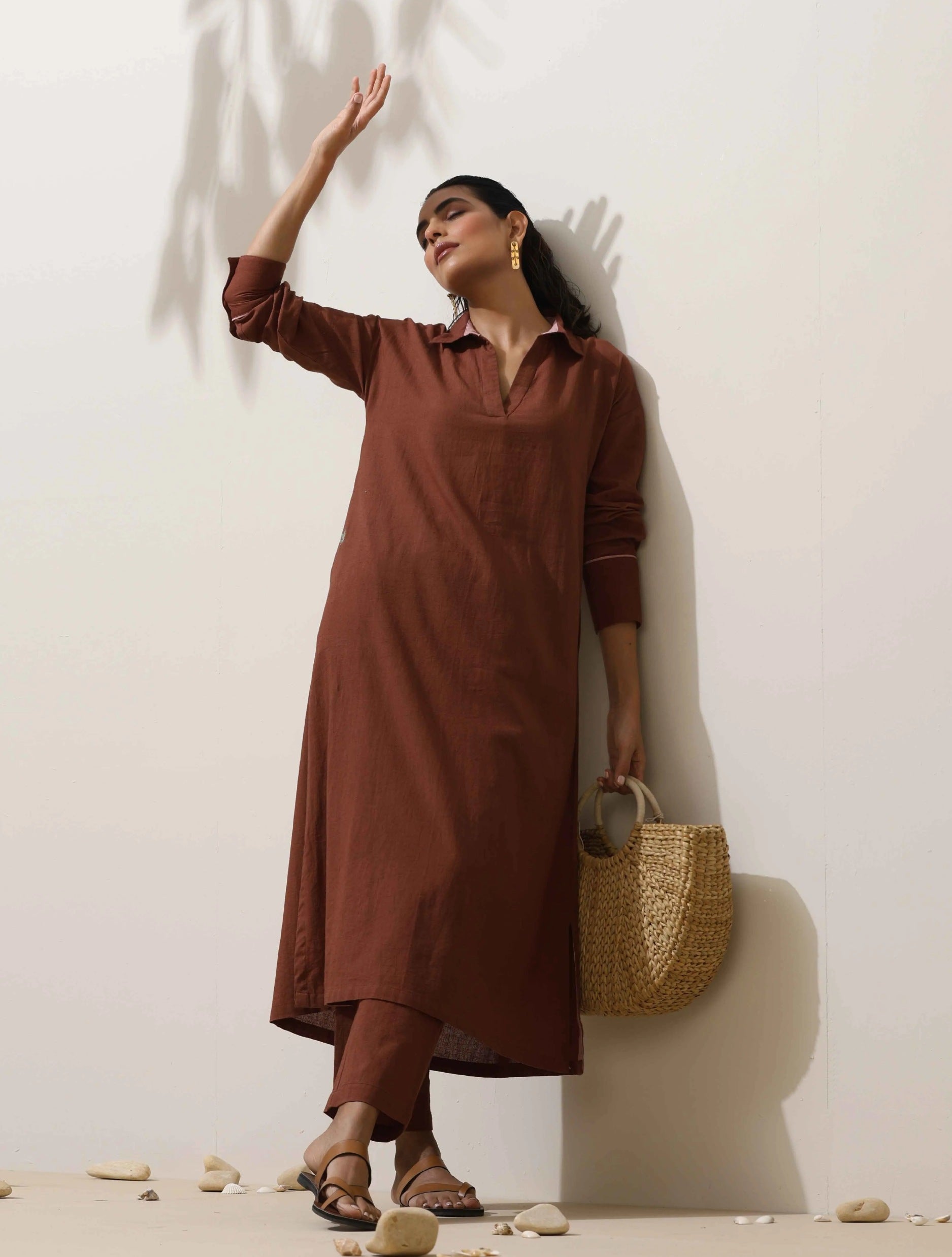 trueBrowns Brown Cotton Linen Kurta Pant Set