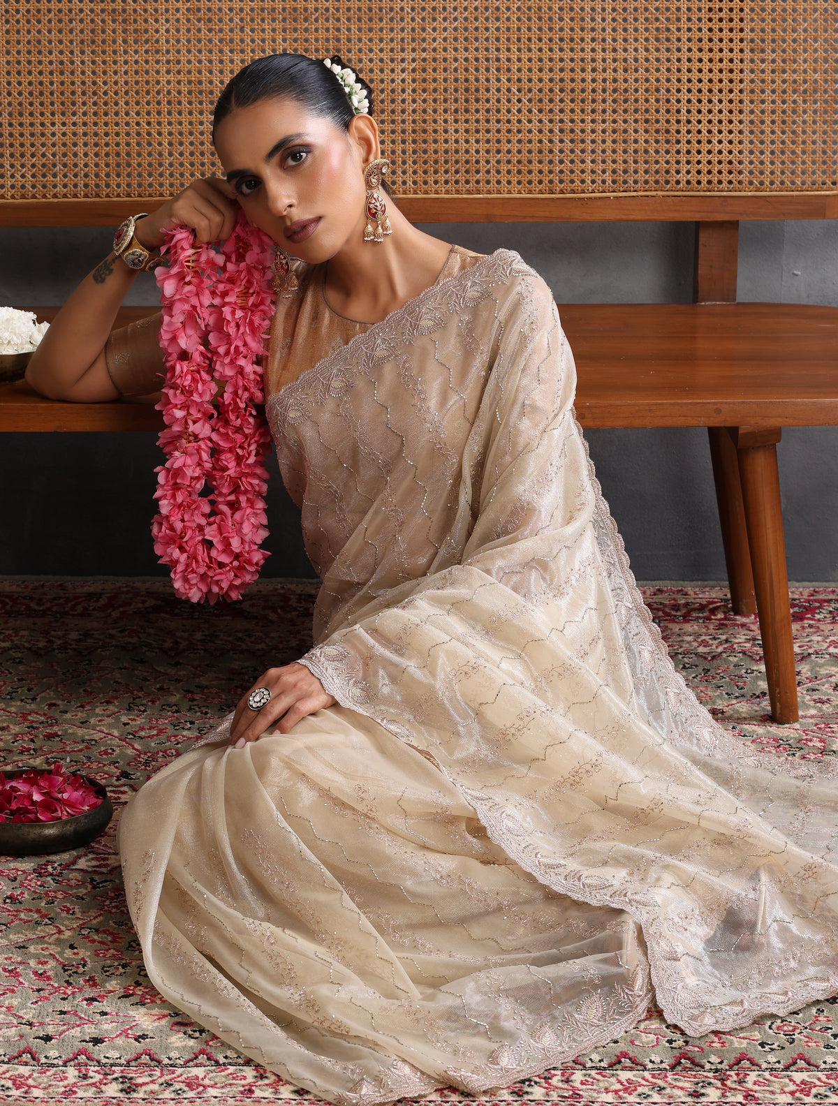 trueBrowns Ivory Gold Sequins Embroidered Net Saree With Unstitched Blouse