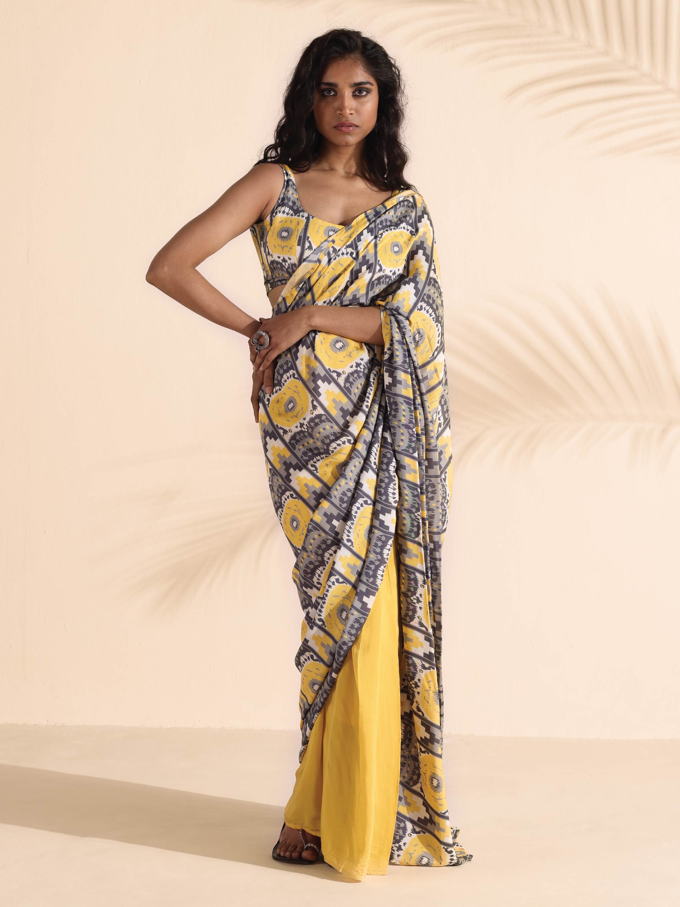 trueBrowns Yellow Muslin Ikat Saree