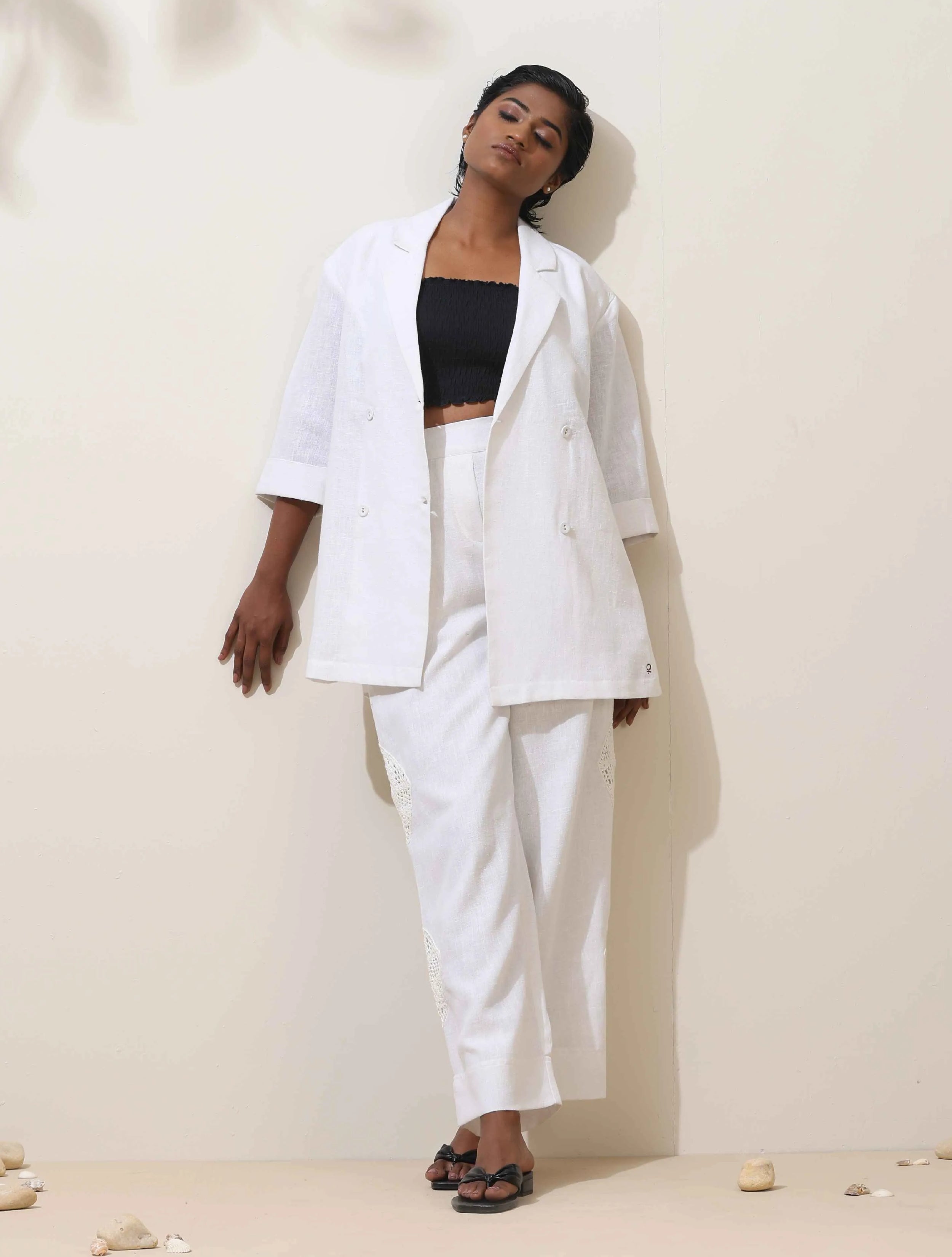 trueBrowns Indus White Crochet Natural Cotton Blazer Co-ord Set