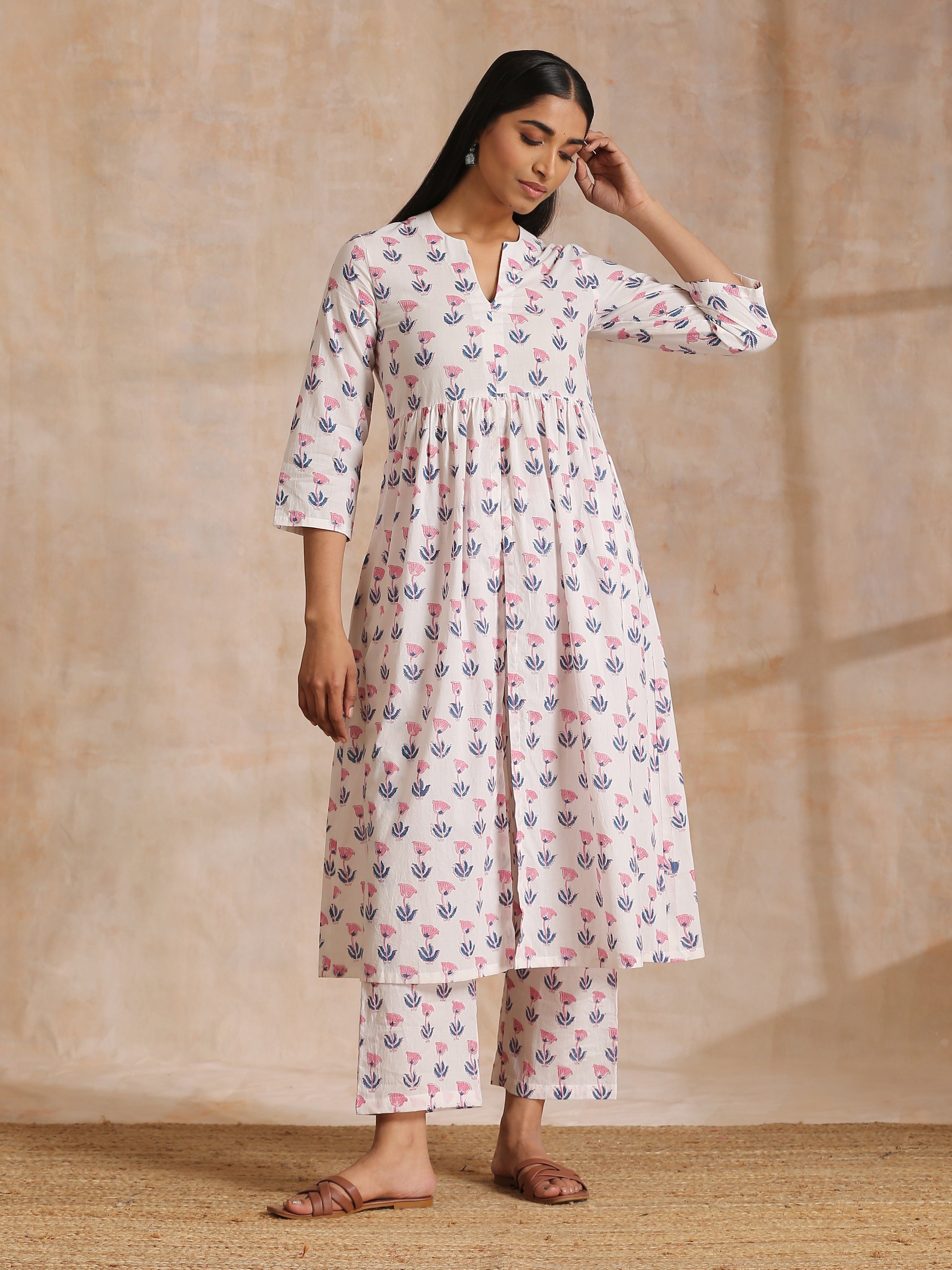 White With Pink Blue Buta Block Print Cotton Kurta Pant Set