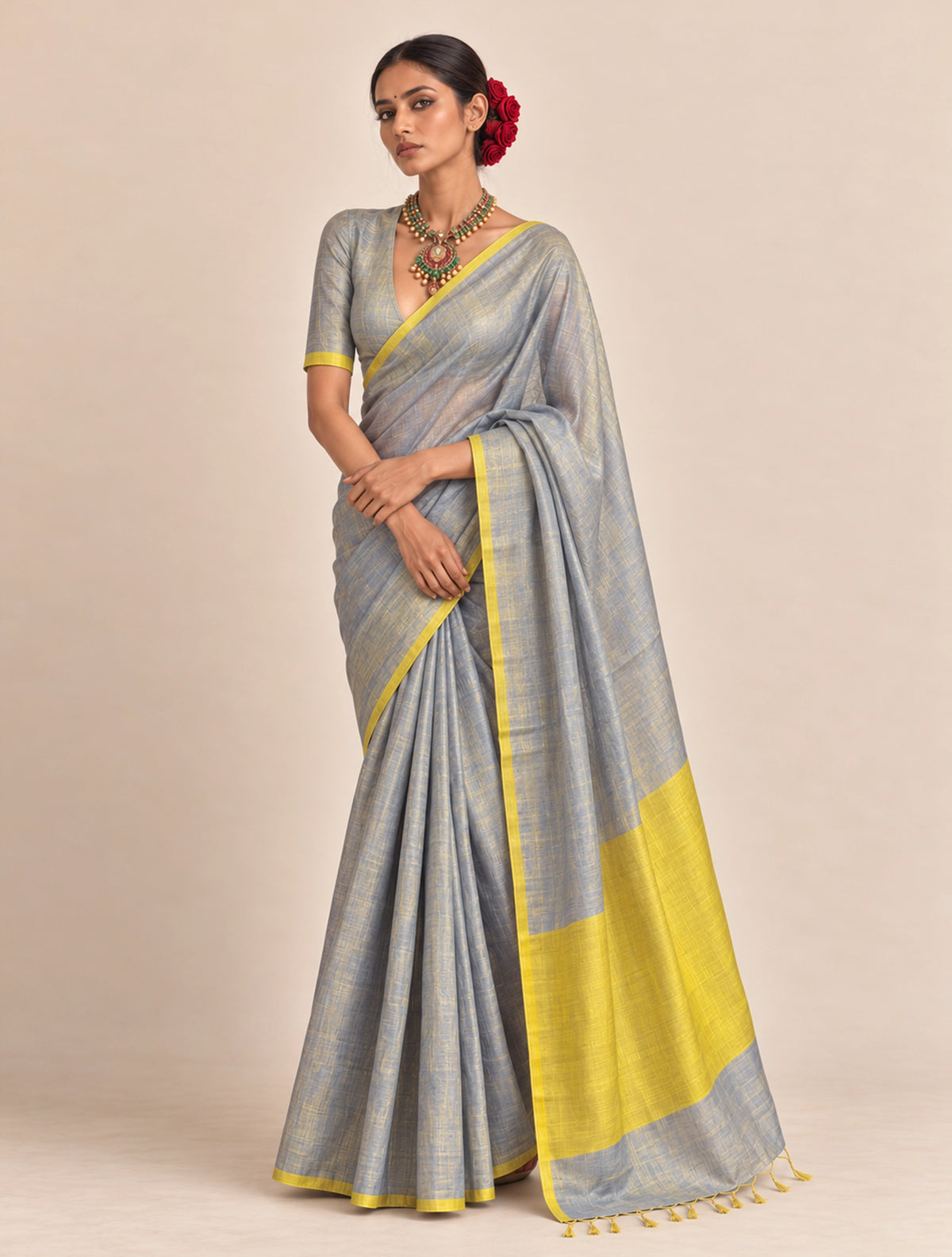 trueBrowns Grey Gold Tissue Silk Linen Handloom Saree With Unstitched Blouse