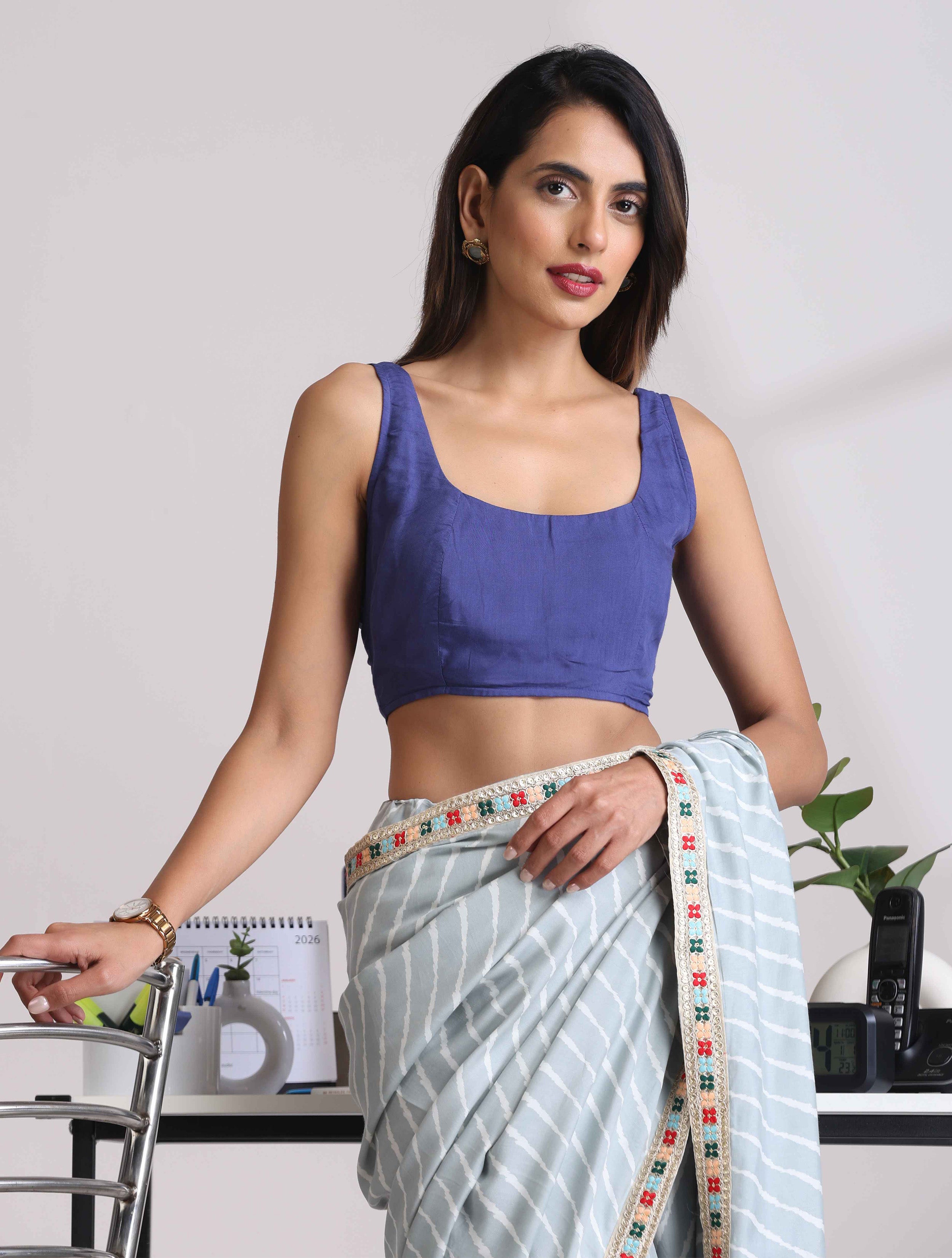 trueBrowns Blue Muslin Solid Sleeveless Blouse