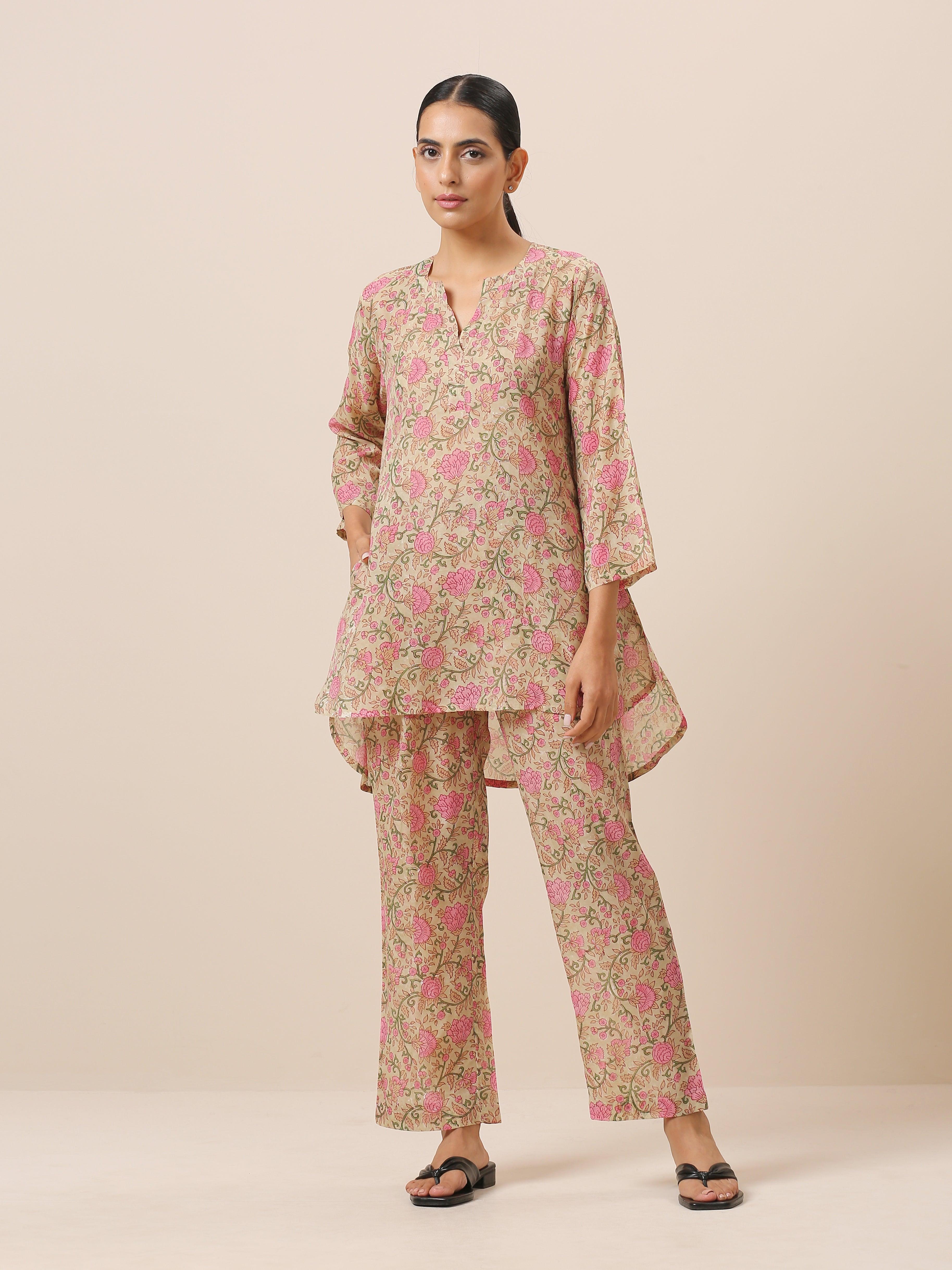 Cotton Hand Block Printed Green Pink Co-Ord Set - trueBrowns