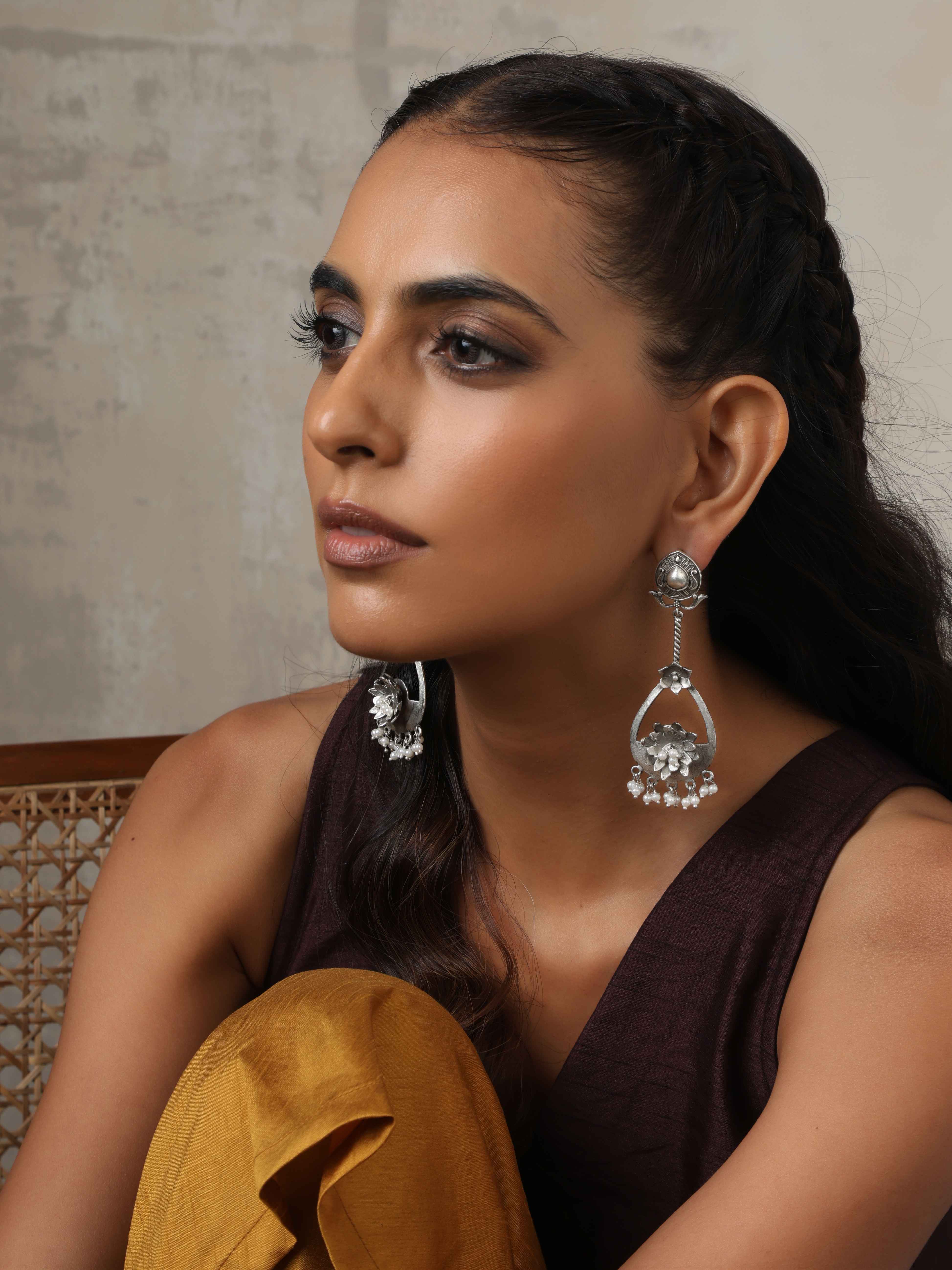 trueBrowns Silver Tone Floral Chandbaali Earrings