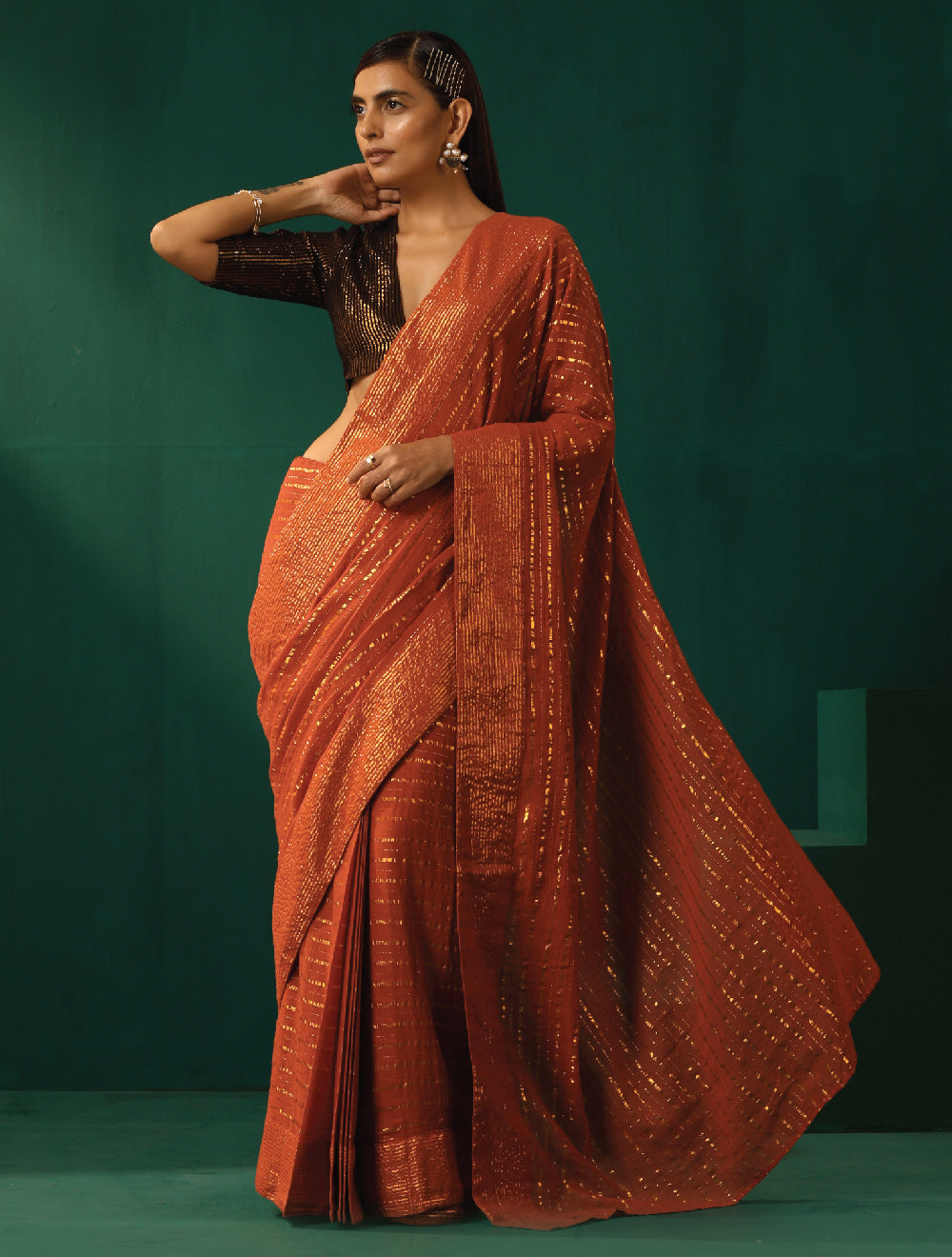 trueBrowns Rust Cotton Gold Striped Saree With Unstitched Blouse