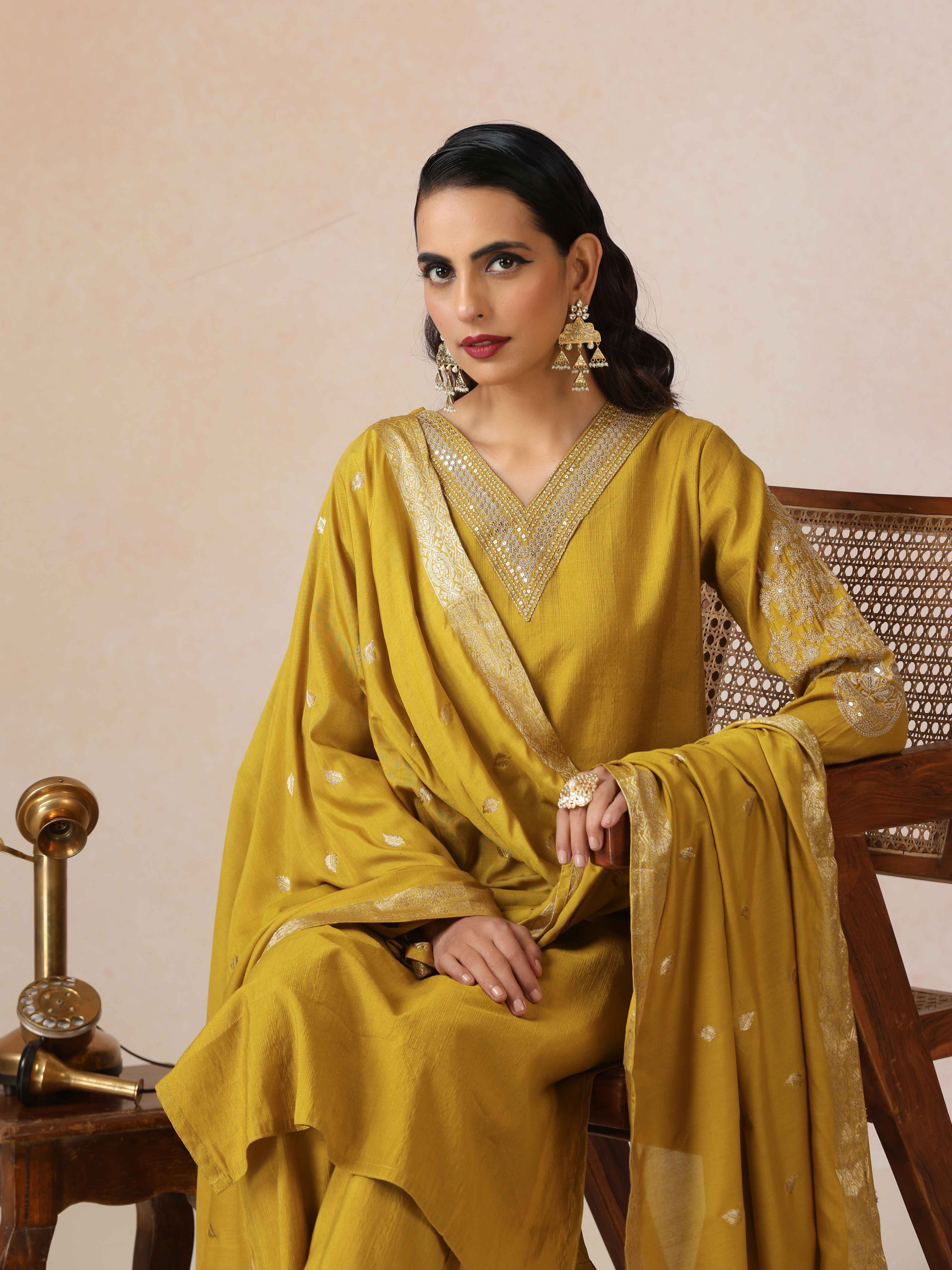 trueBrowns Mustard Embroidered Straight Kurta Pant Dupatta Set