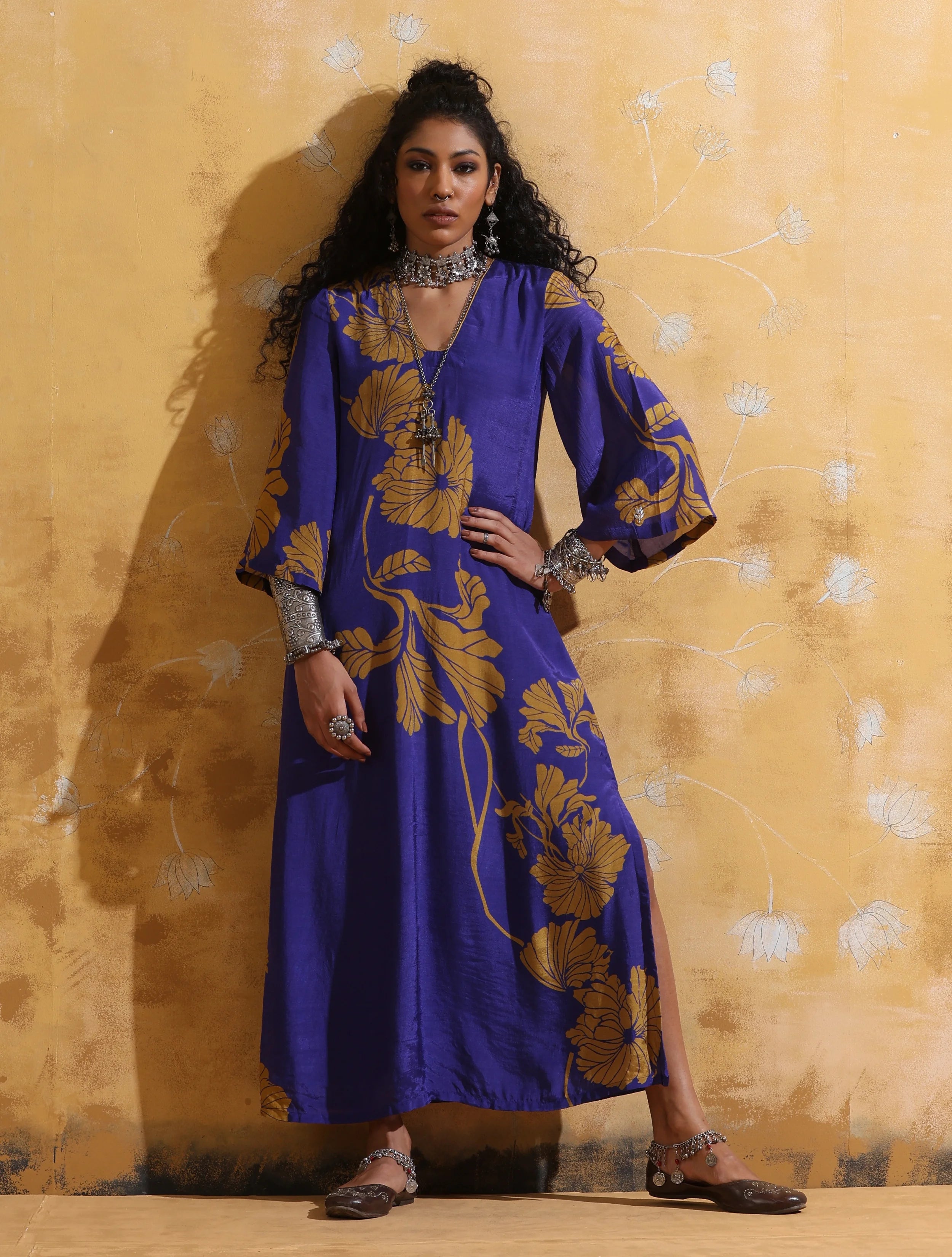 trueBrowns Purple Mustard Floral Print Muslin Silk Straight Maxi Dress