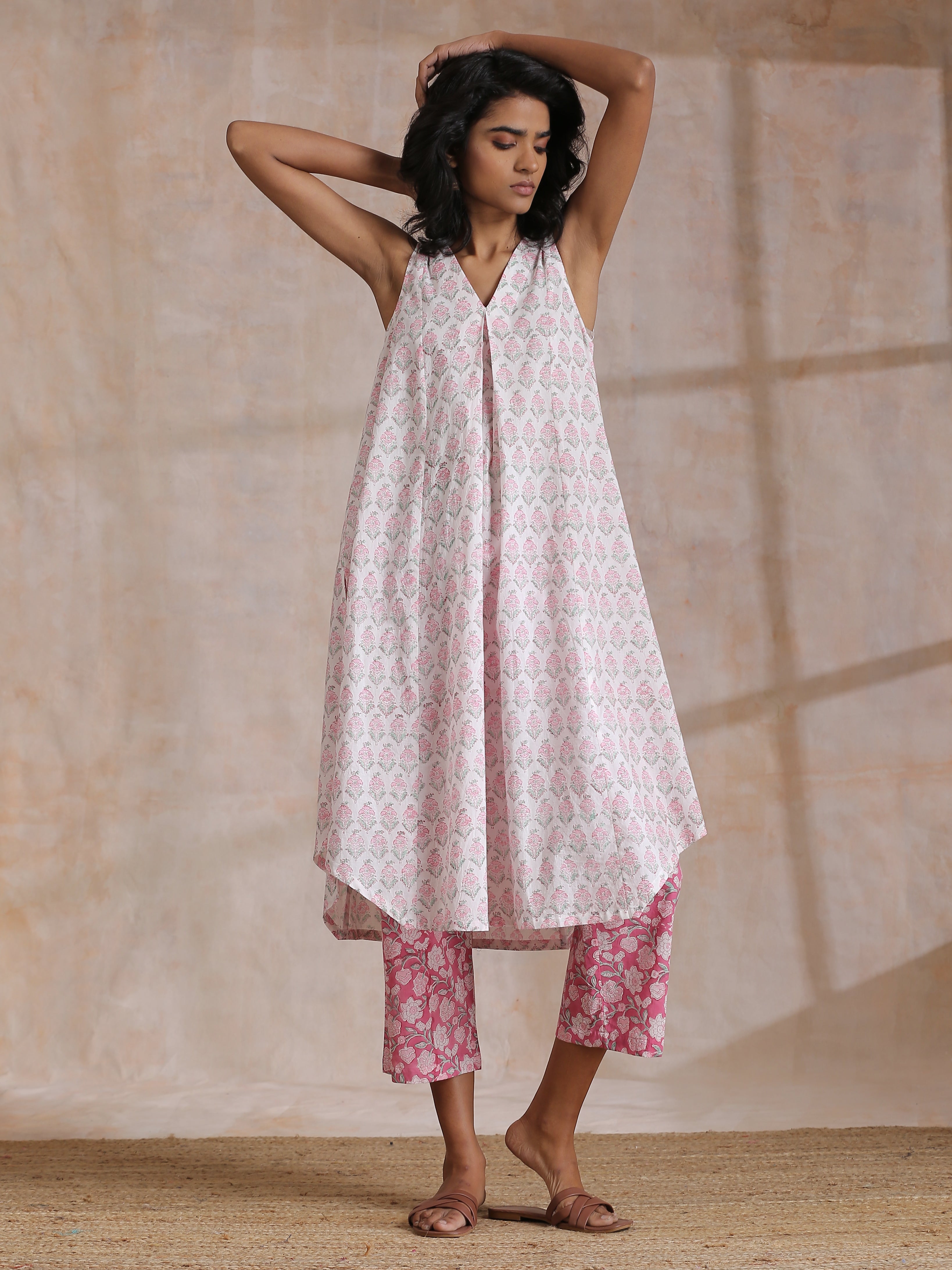 Pink Green Floral On White Block Print Cotton Sleeveless Flared Kurta Pant Set